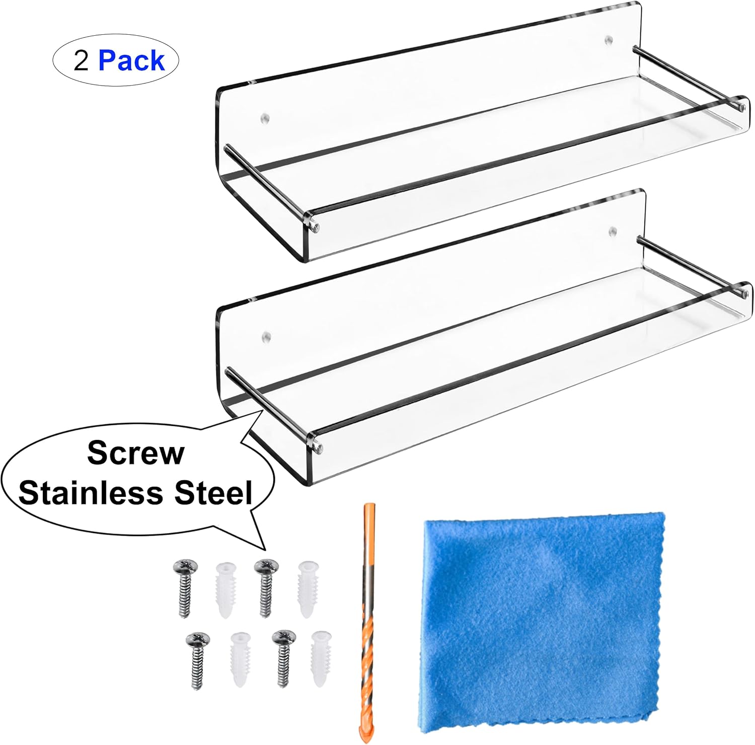 AMT 2 Pack Acrylic Floating Shelves 15x4 Clear Wall Mount