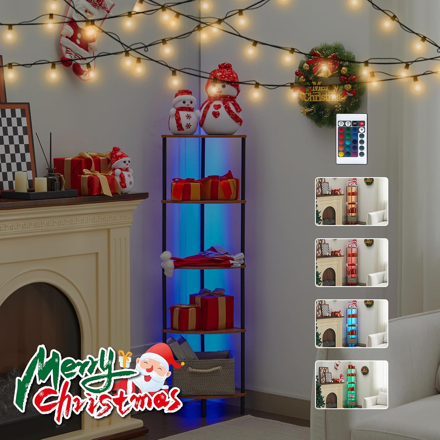 5-Tier Corner Bookshelf with LED Light Strips