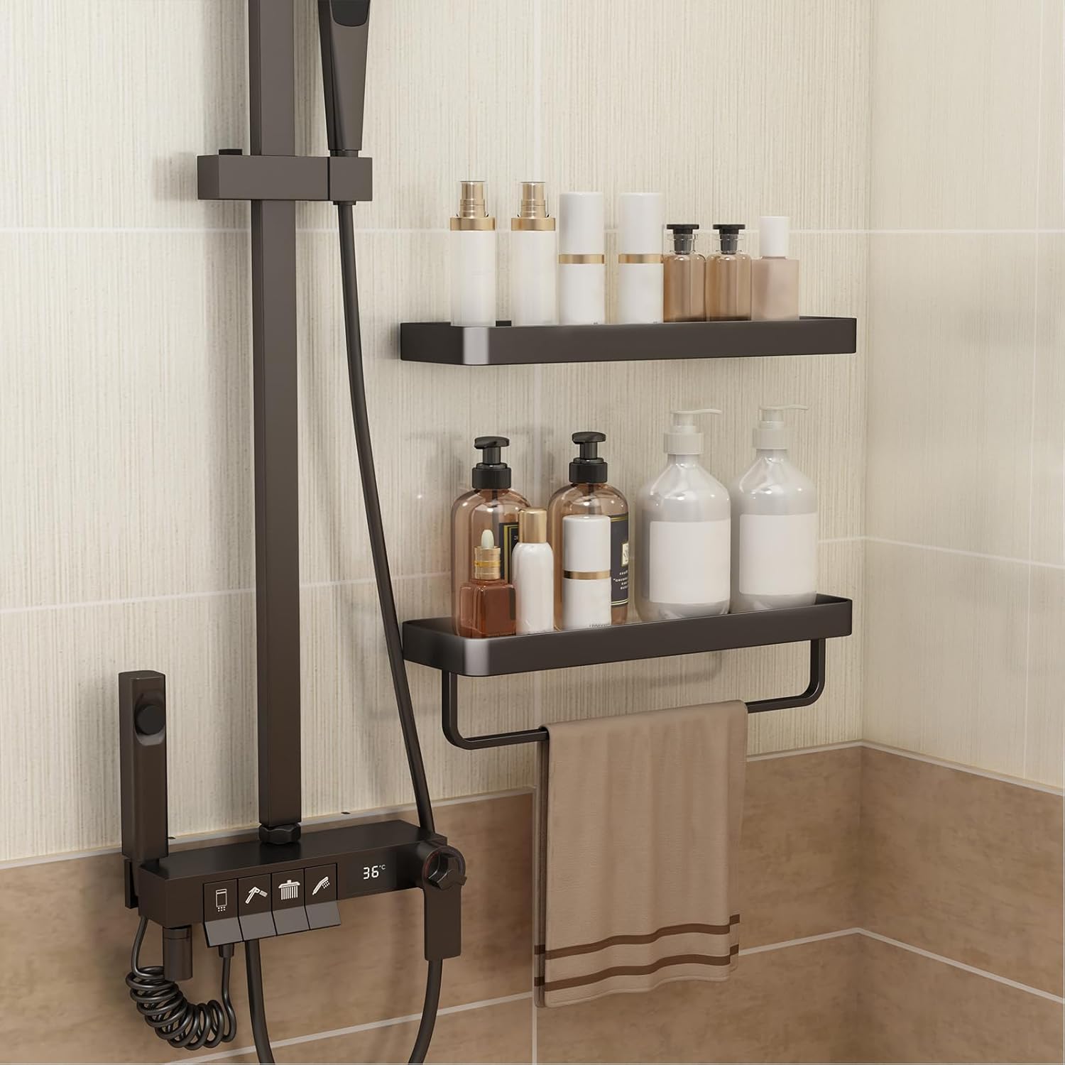 Danpoo 16 Inch Black Floating Bathroom Shelves with Towel Bar 2 Pack
