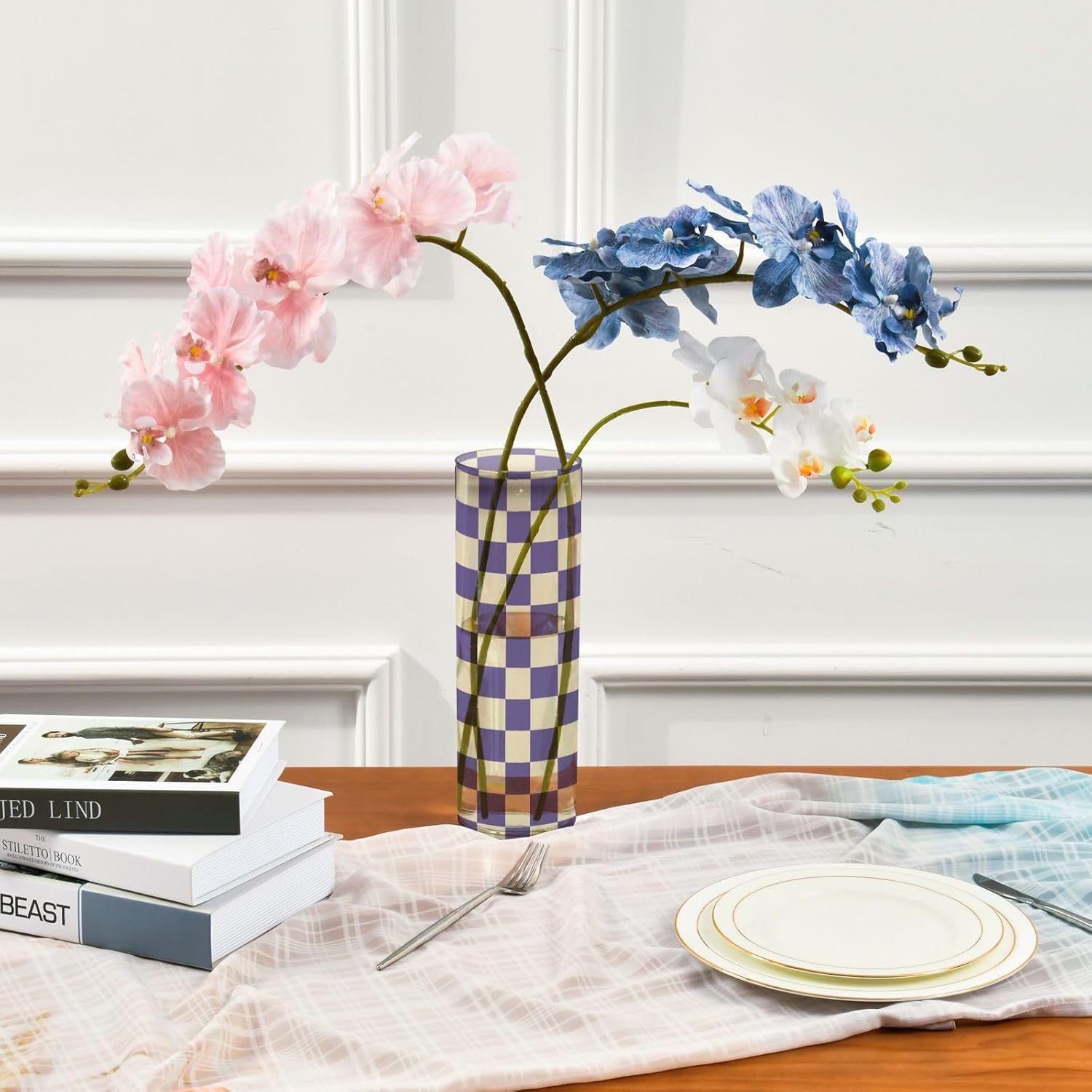 Purple and White Plaid Plastic Hurricane Candle Holder 118 x 39 Inch