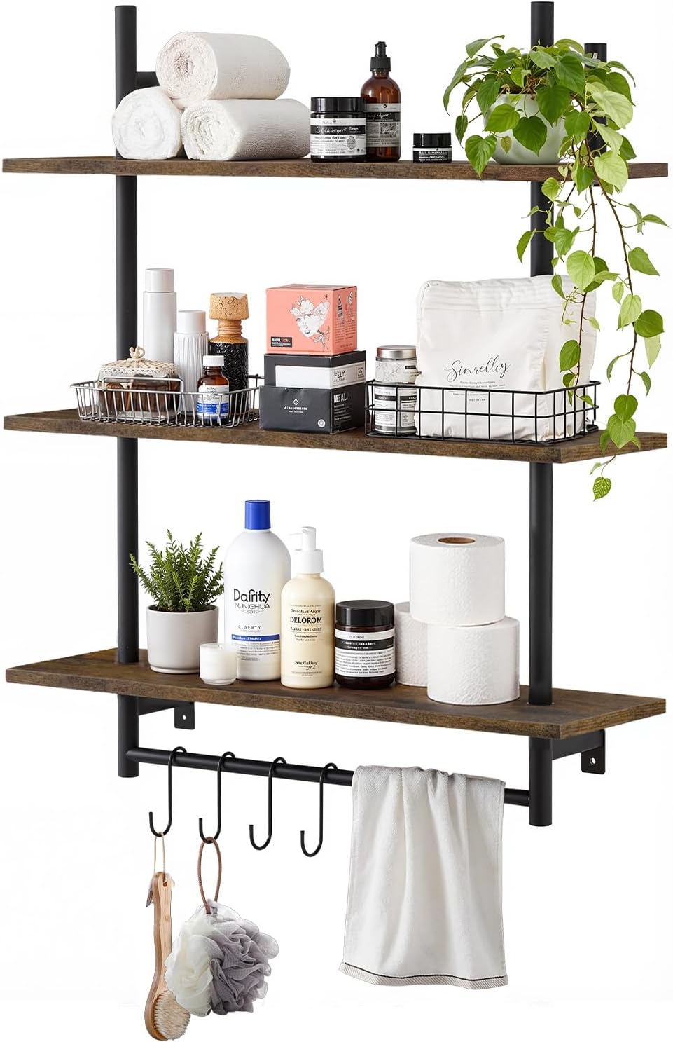 Industrial Pipe 3-Tier Wall Shelves with Towel Bar