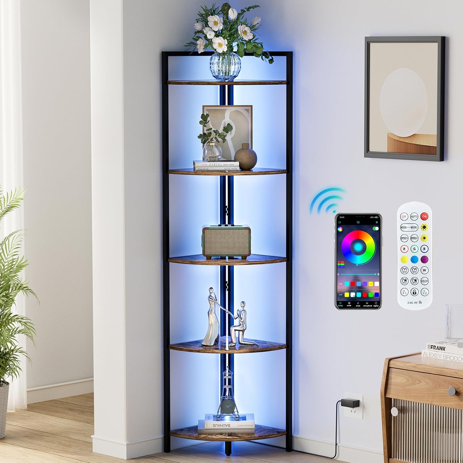 Gemfurque Rustic Brown 5 Tier Corner Shelf with LED Light