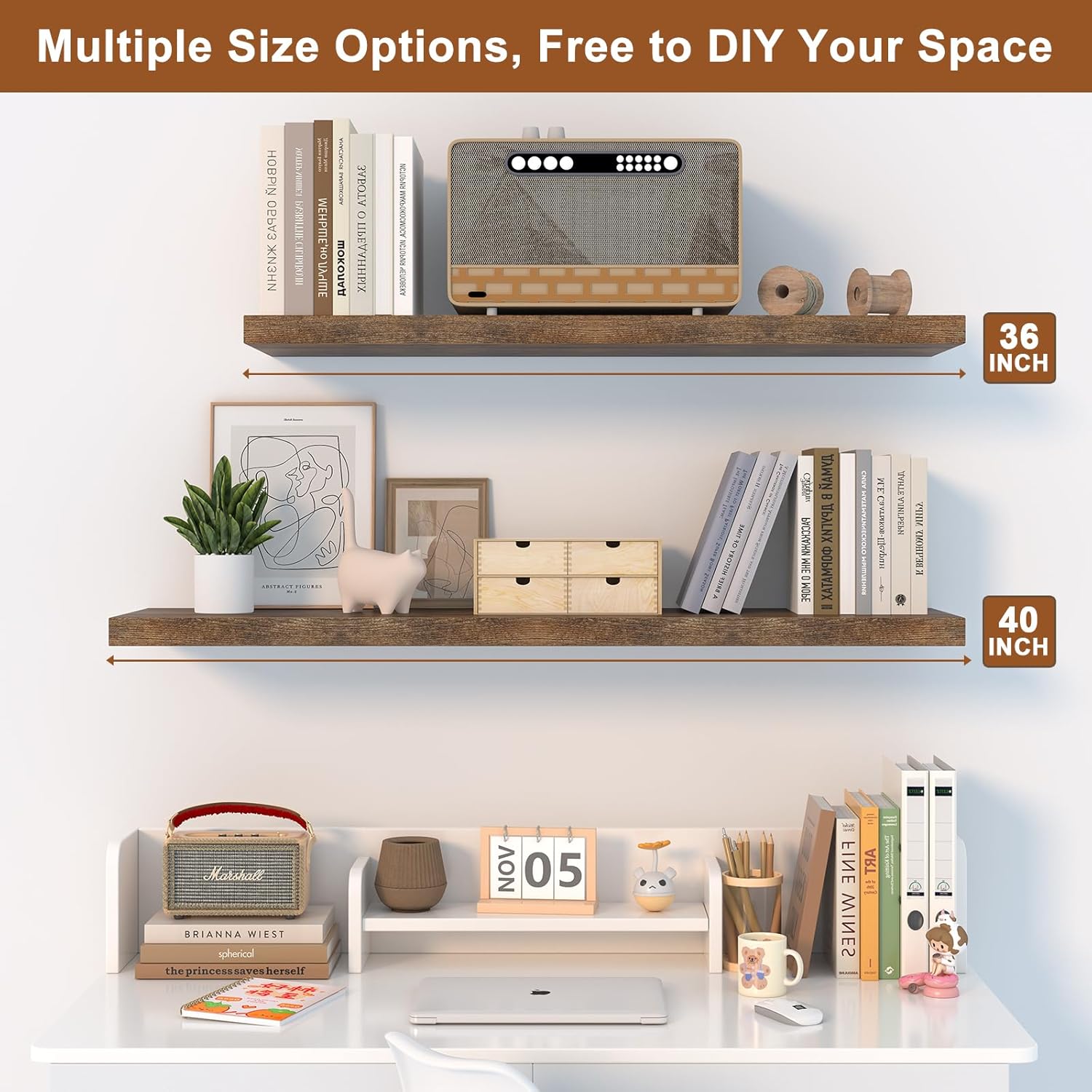 40 Inch Rustic Floating Shelf Large No Drilling