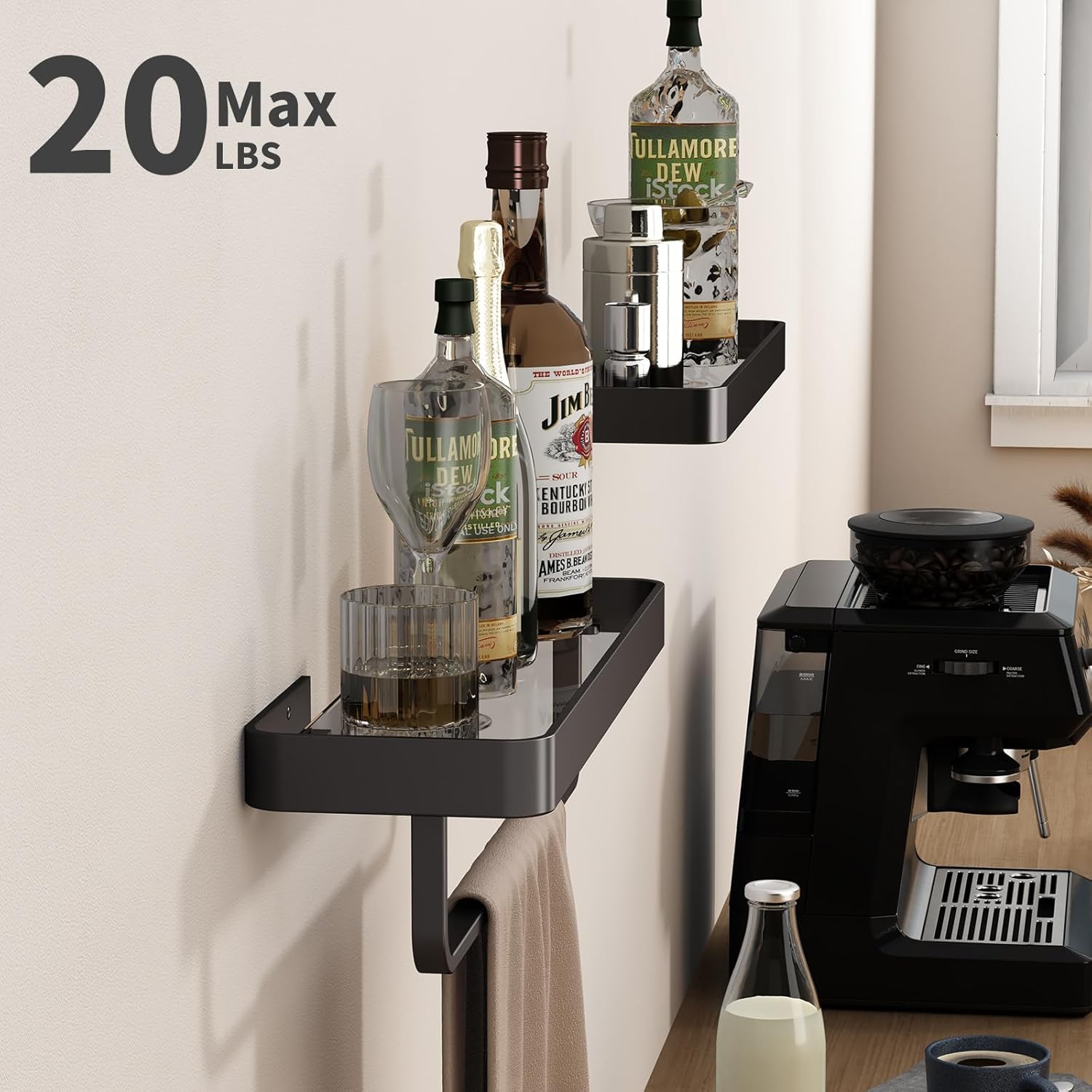 Danpoo 16 Inch Black Floating Bathroom Shelves with Towel Bar 2 Pack