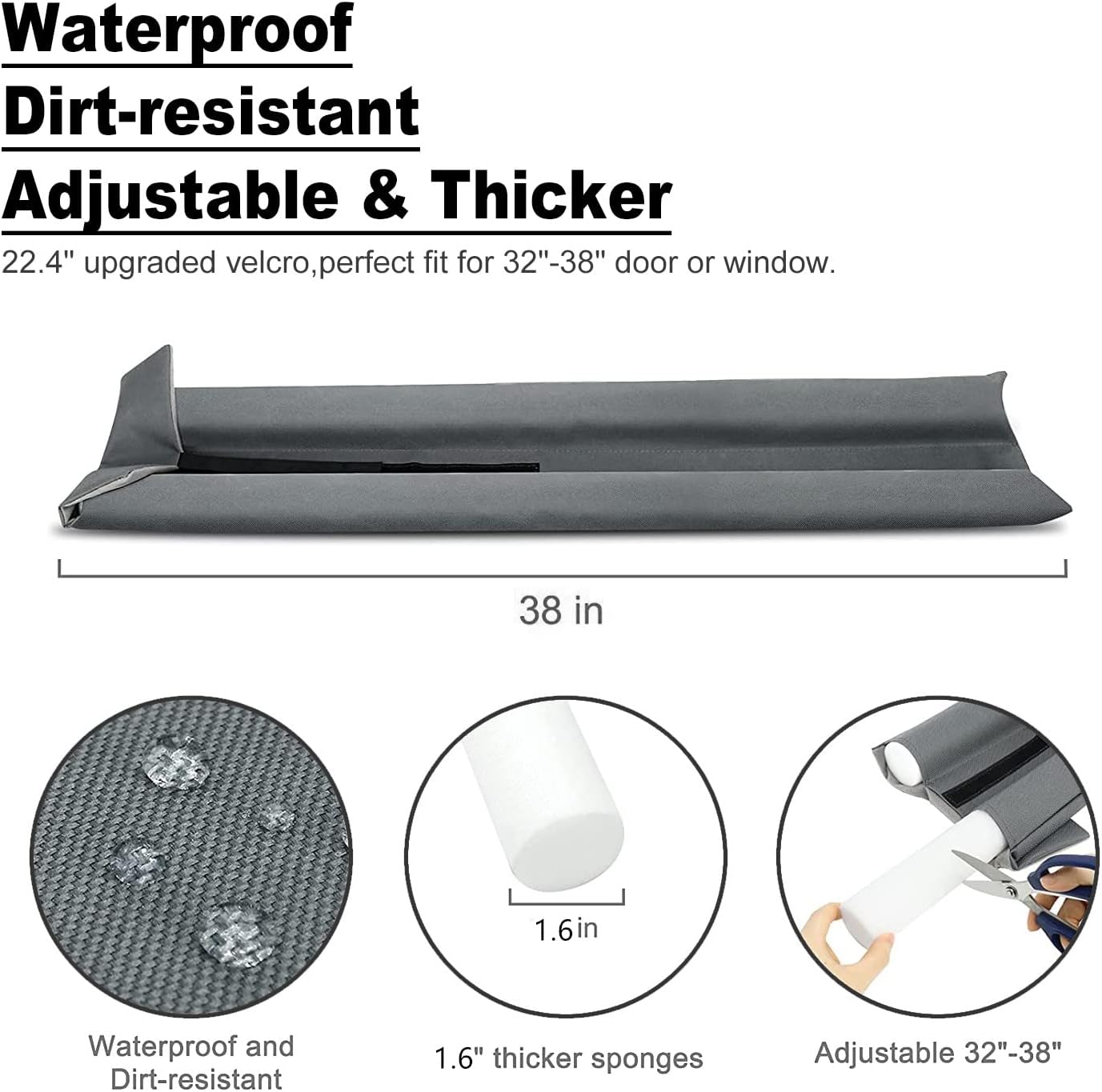 WEXHUG Waterproof Twin Door Draft Stopper Adjustable 30 to 36 Gray