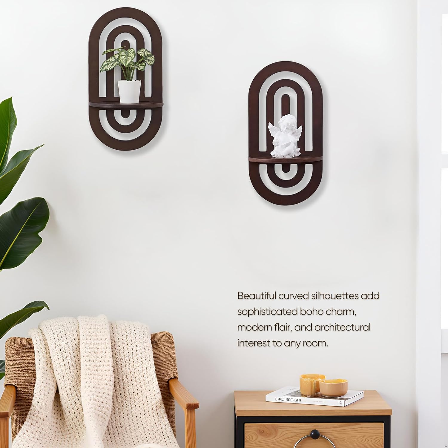 Boho Wall Floating Shelves Set of 2 with Arched Design Dark Brown