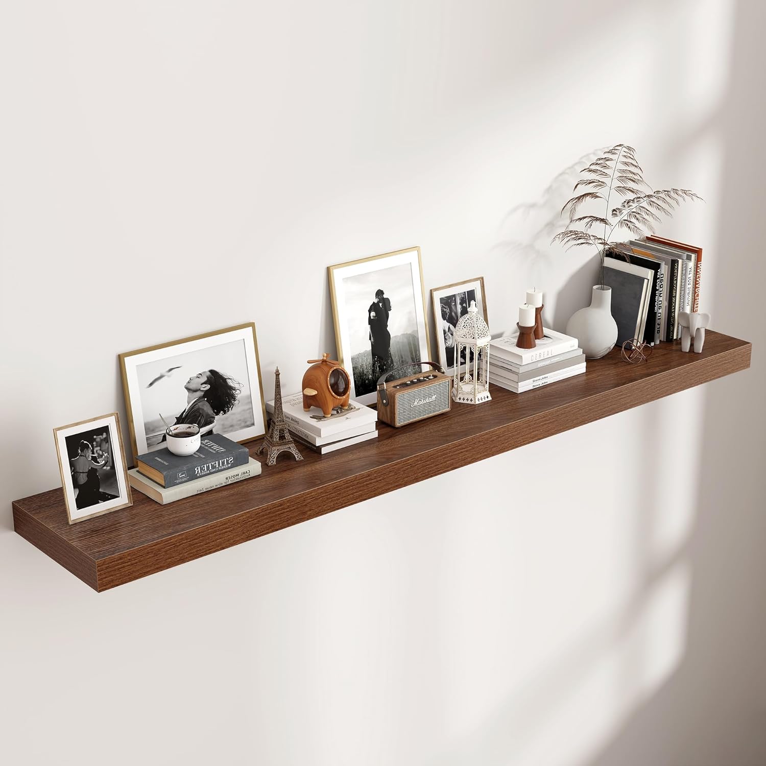 Venusmiles 72 Inch Walnut Floating Wall Shelf