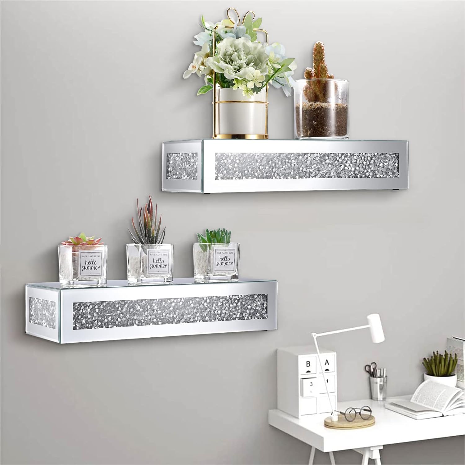 JUXYES Diamond Wall Floating Shelf Sparkle Glass Display Stand