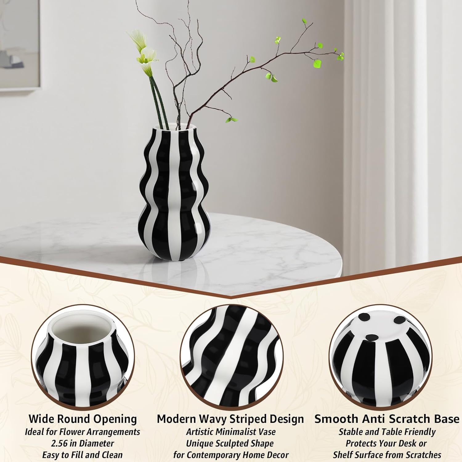 Daslich Black and White Ceramic Vase 866 in Tall Modern Striped Centerpiece