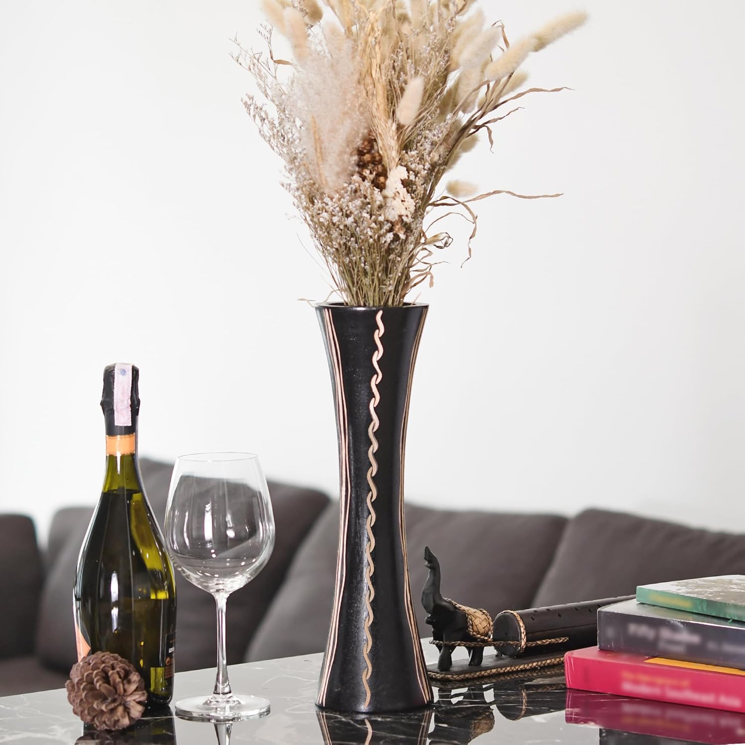 AeraVida Hand-Carved Water Ripple Black Mango Wood Table Vase