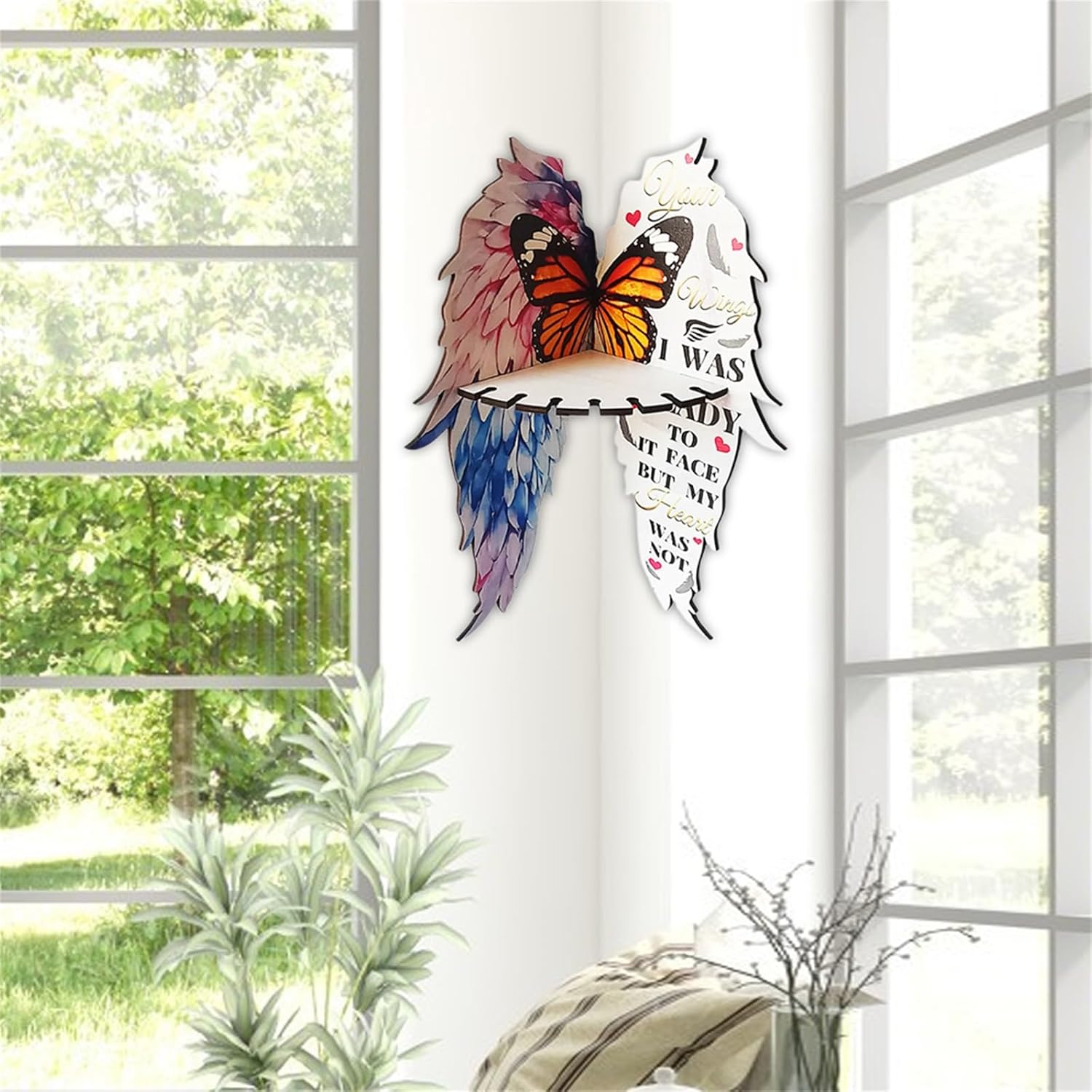 Wooden Floating Corner Shelf with Butterfly and Angel Wings Design