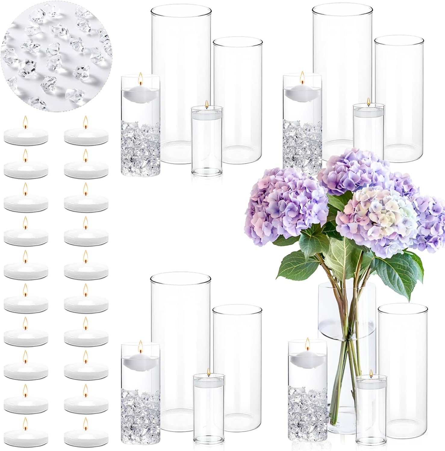 20 White Floating Candles 16 Glass Vases 400 Acrylic Ice Fillers Centerpiece Set