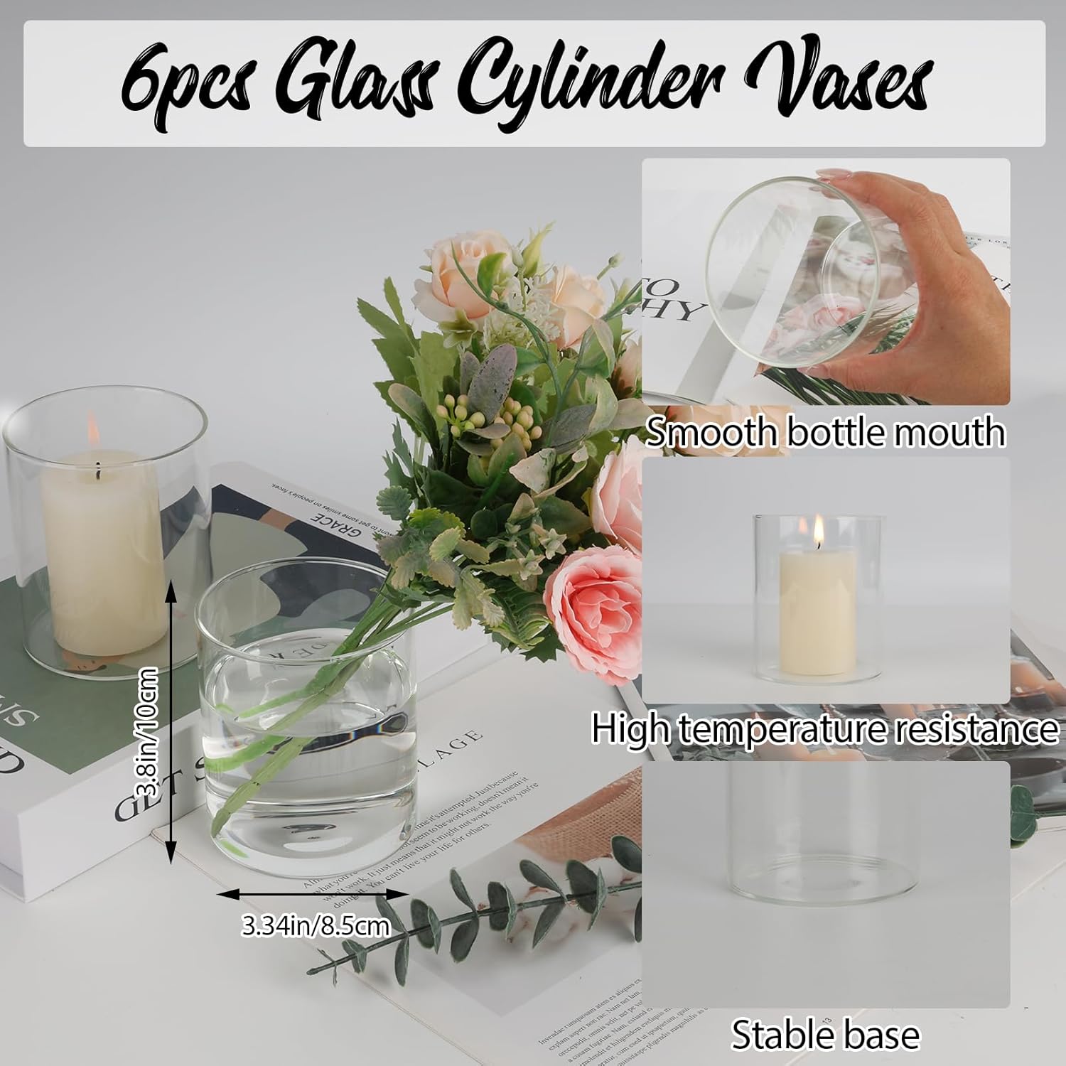 6pcs Clear Glass Cylinder Vases for Centerpieces and Floating Candles
