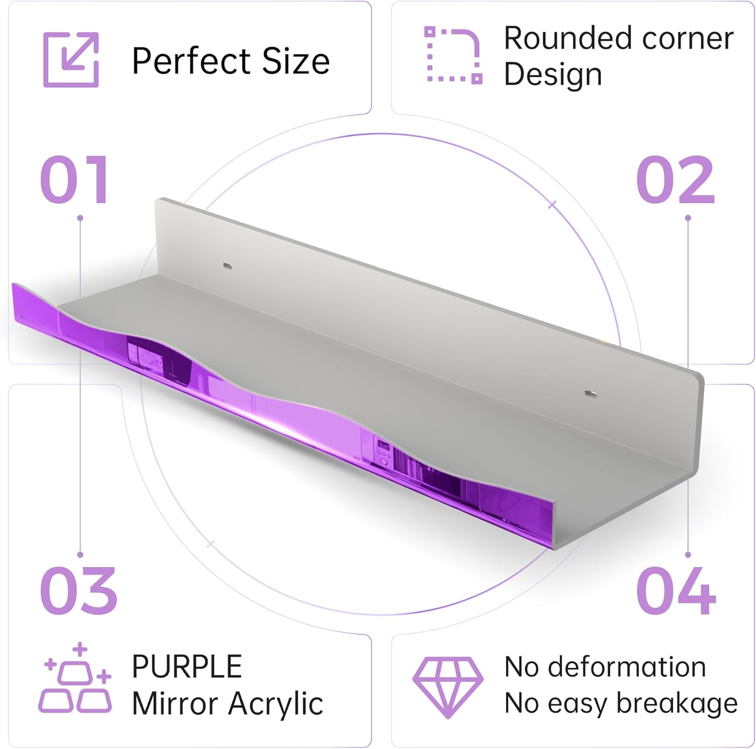 YMVV 157 in Purple Reflective Acrylic Floating Shelf 4 Pack