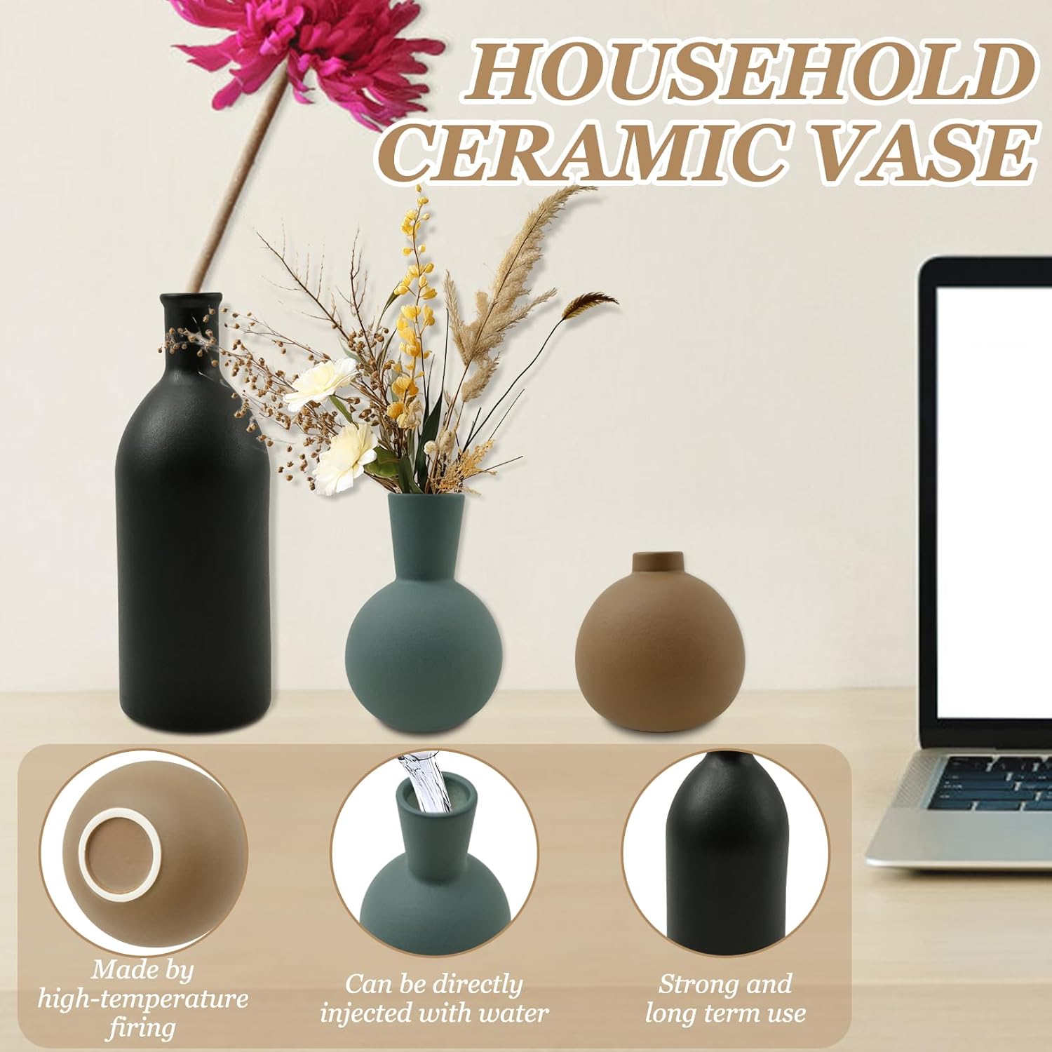 3Pcs Ceramic Flower Vase Set for Home Decor