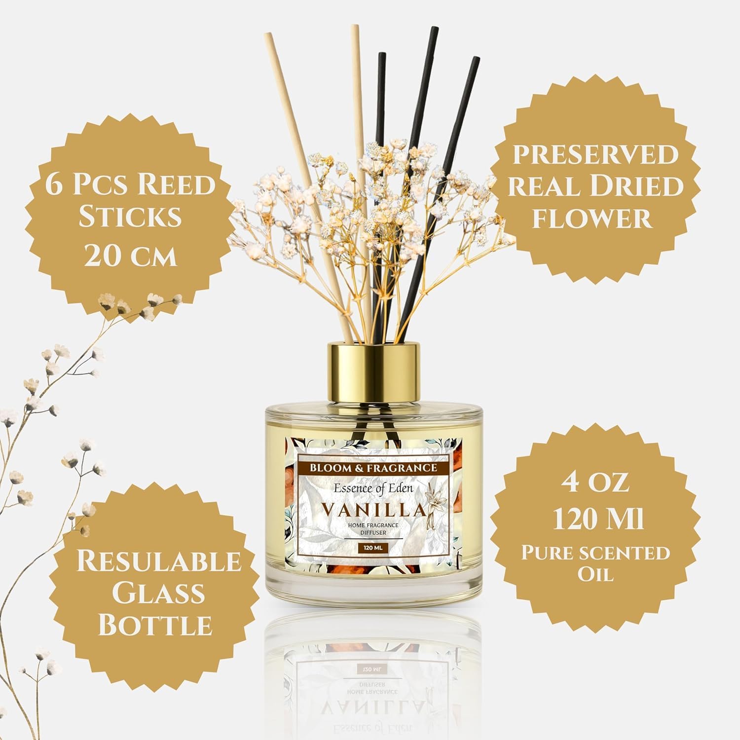 Bloom Fragrance 4oz Reed Diffuser with 6 Fiber Sticks Vanilla