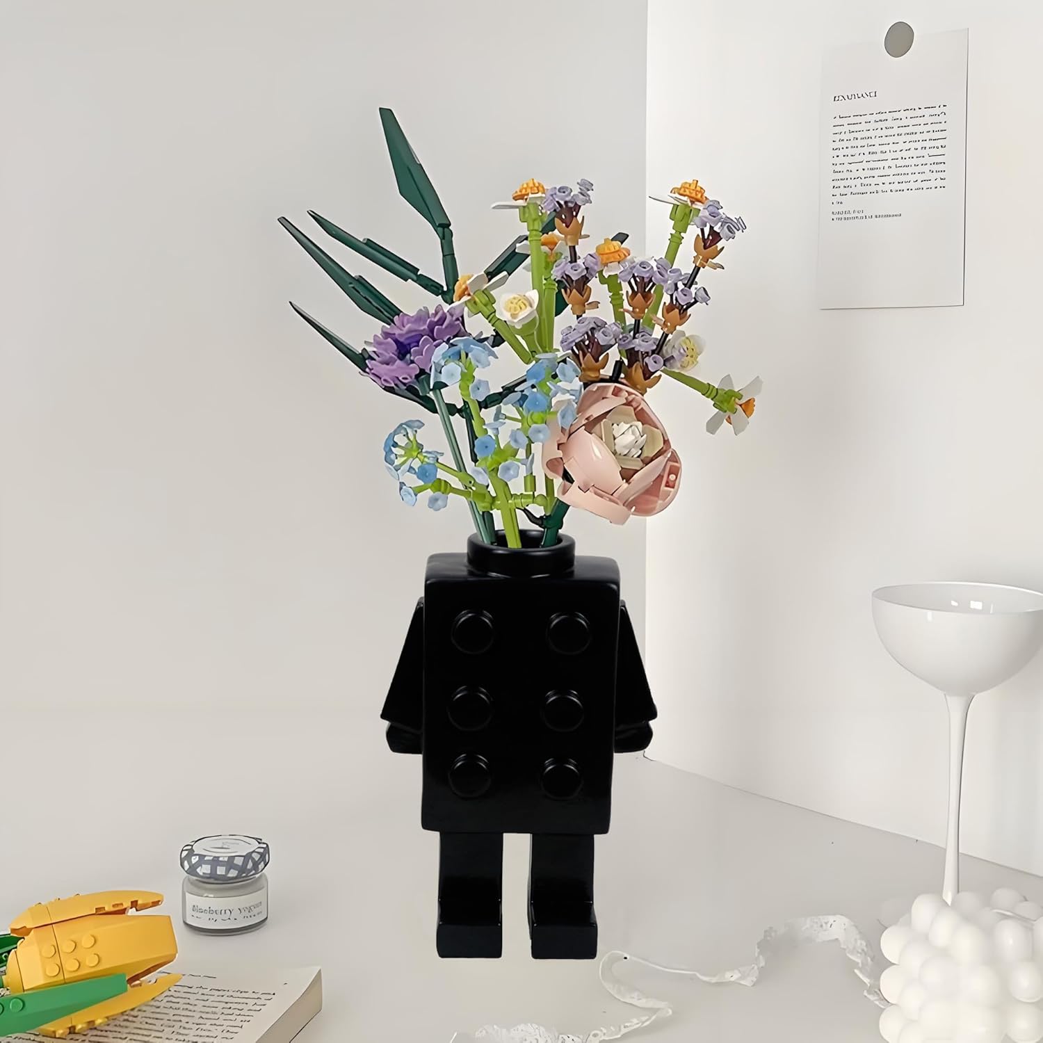 Cute Resin Building Block Vase Black Unique Decor
