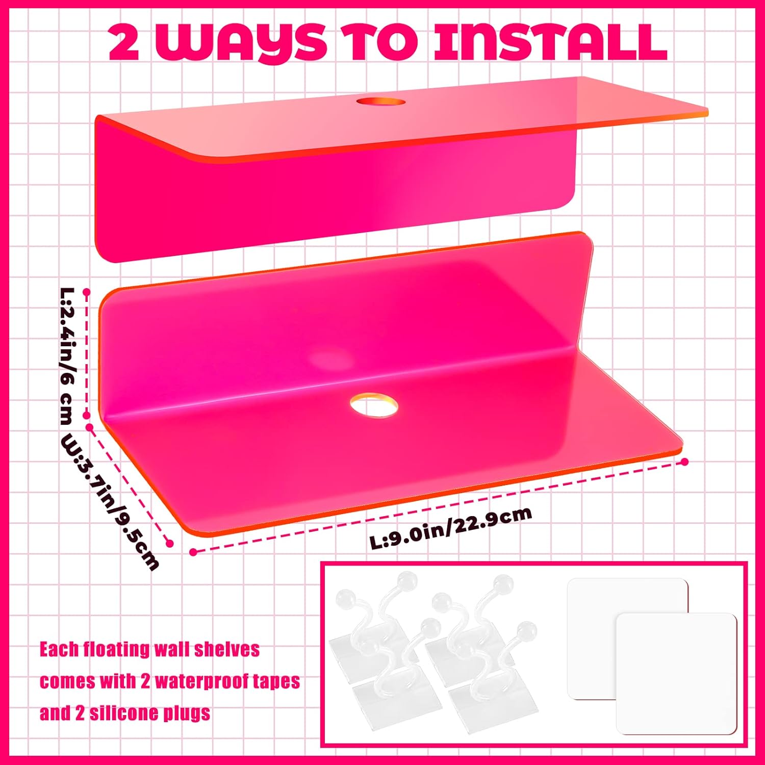 Weysat Floating Shelves 9 Inch Acrylic Wall Mount 4 Pcs Fluorescent Pink