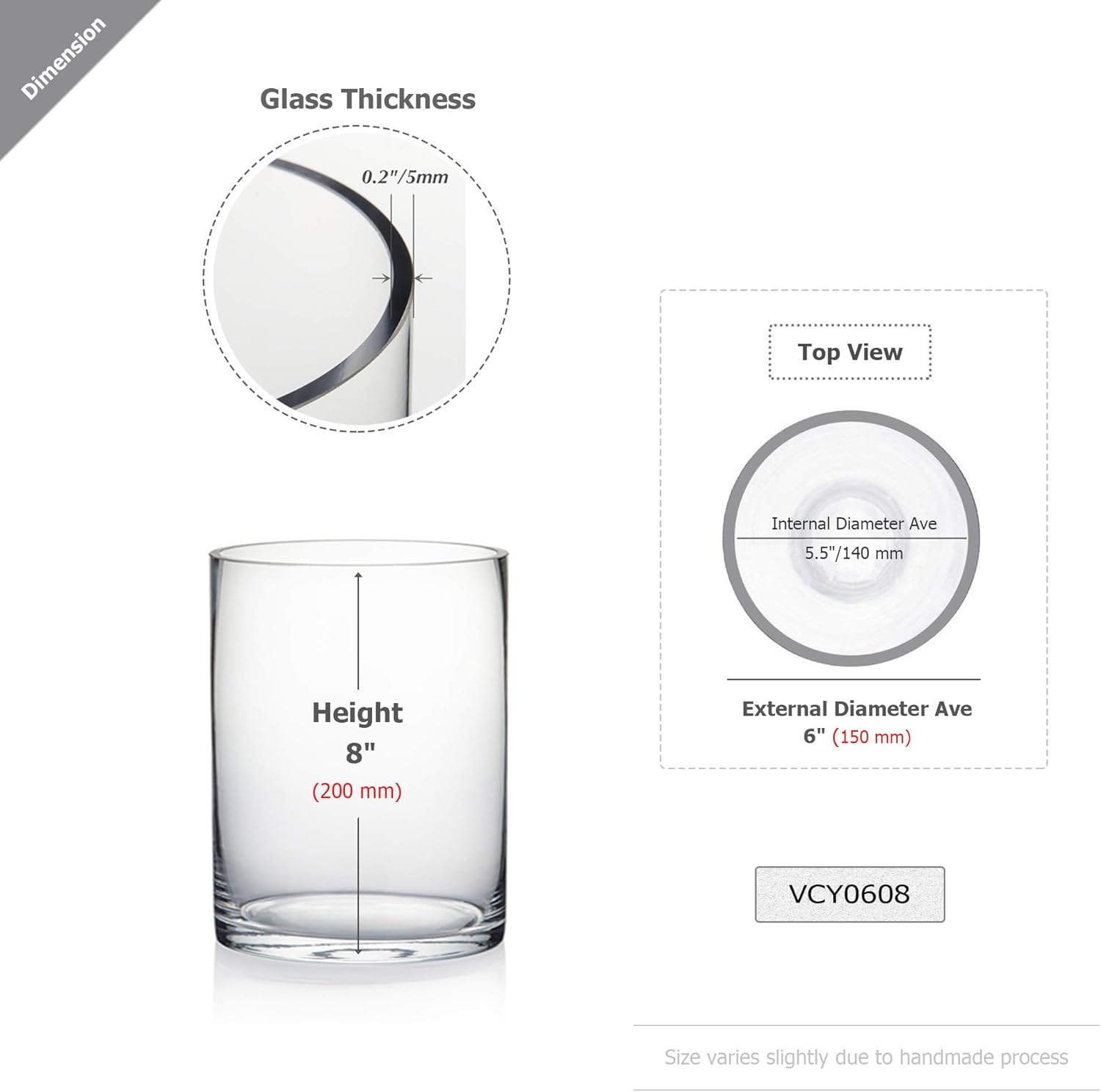 WGVI Quality Thick Cylinder Glass Vase 6 x 8