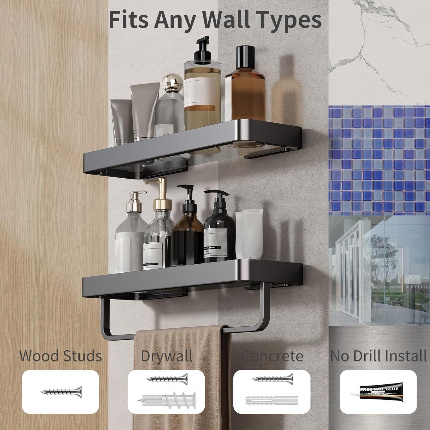 Danpoo 16 Inch Black Floating Bathroom Shelves with Towel Bar 2 Pack
