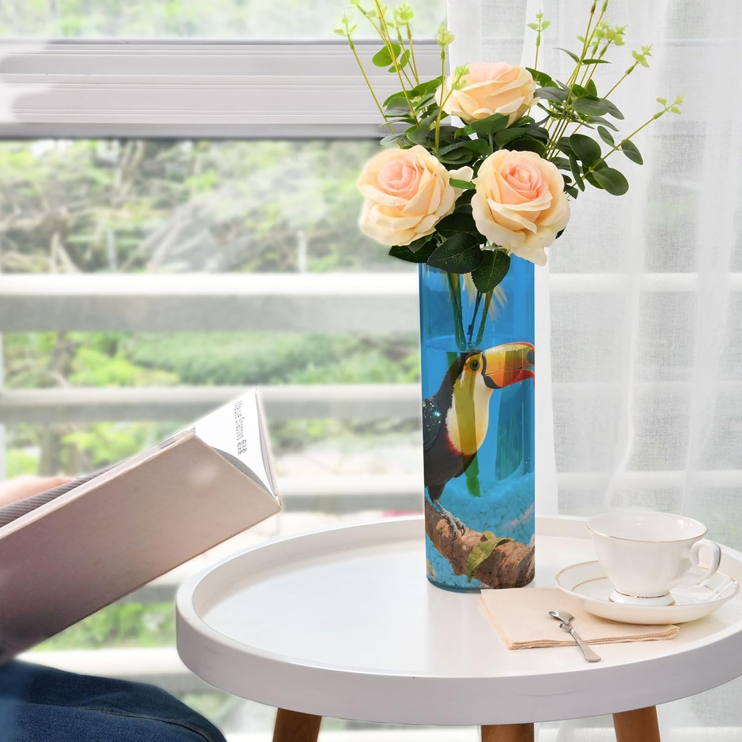 Toucan Bird Pattern Vase 118 Inch Tall Clear Cylinder