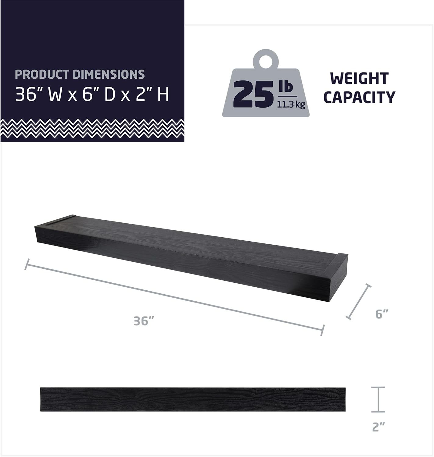 HIGH MIGHTY 36 Inch Floating Shelf Black 25lbs