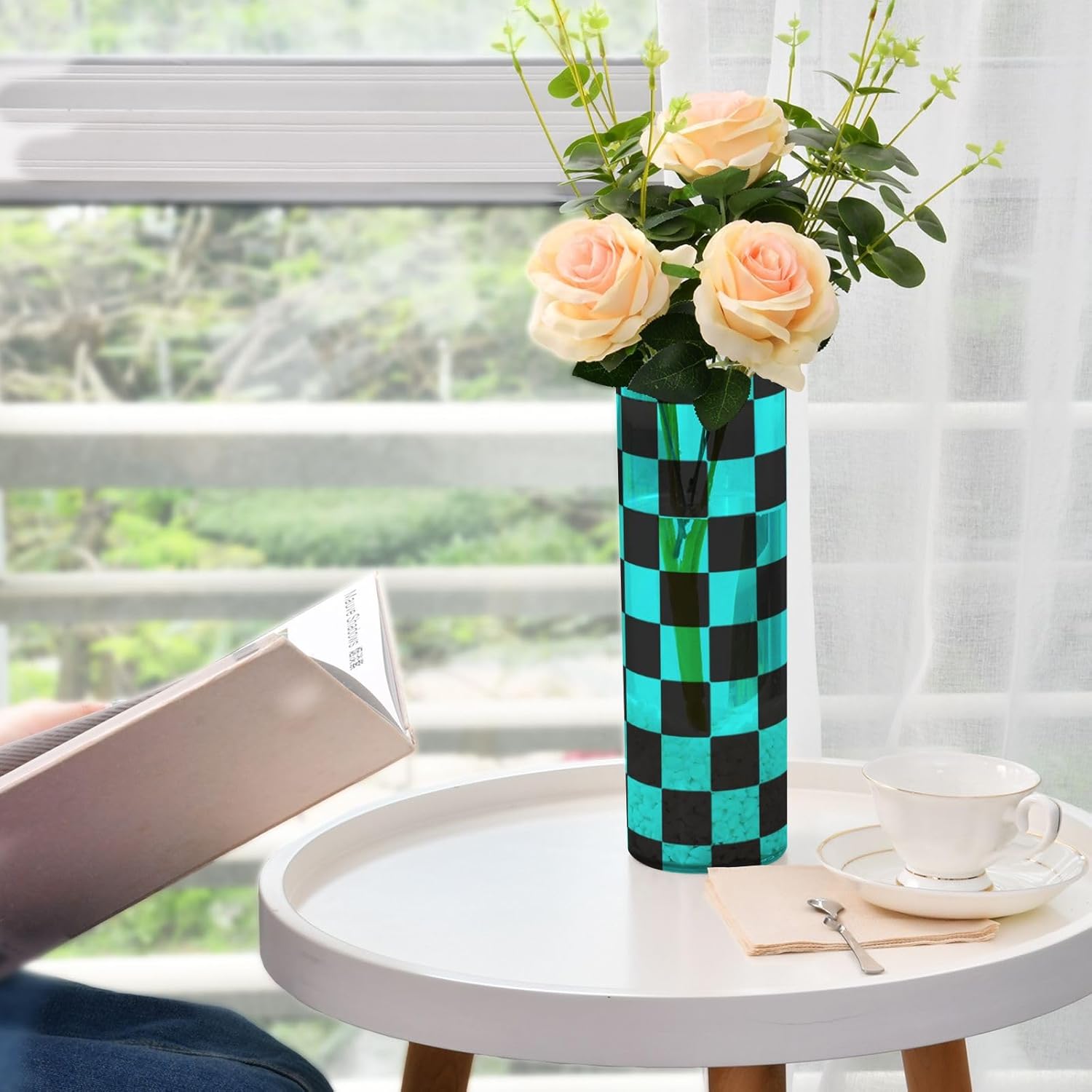 Buffalo Plaid Check Black Cyan Flower Vase 118 x 39 Inch