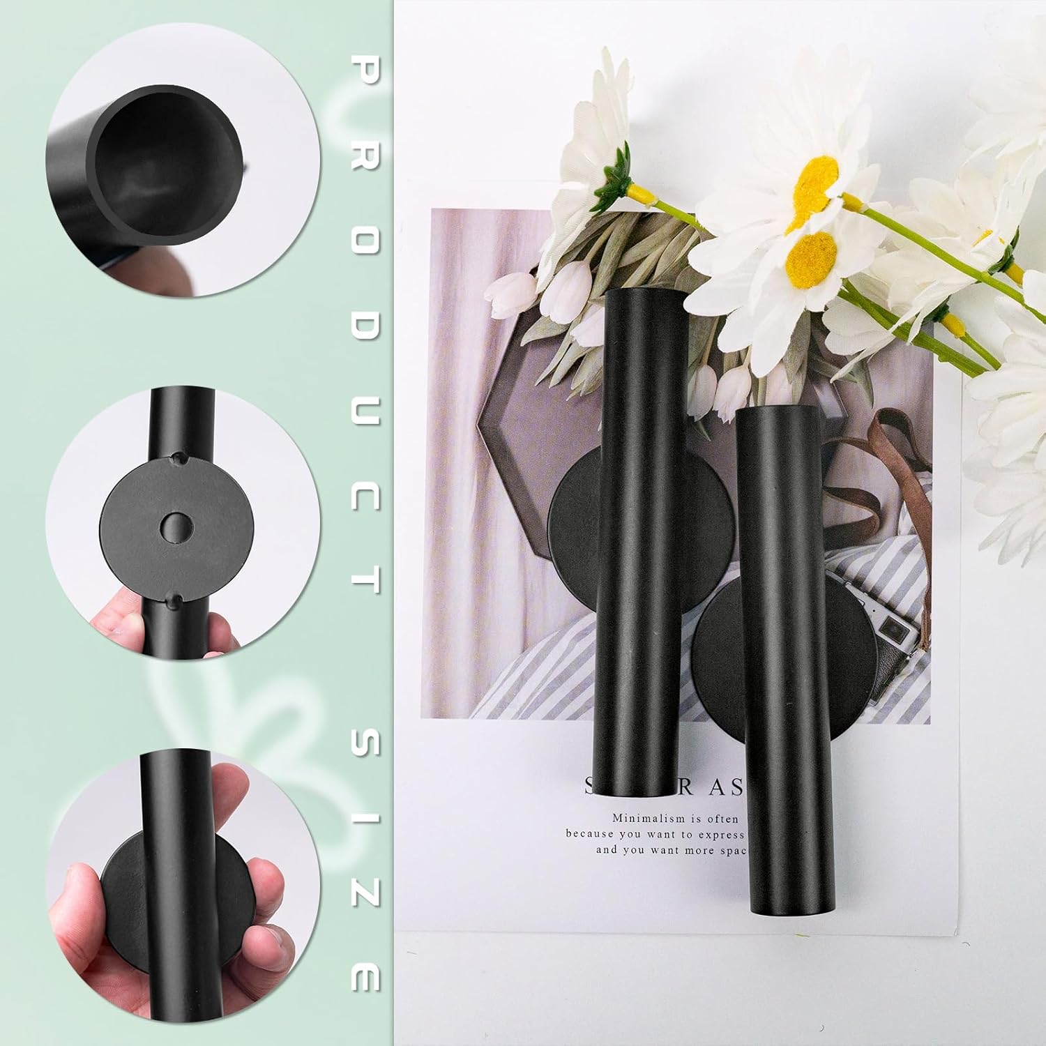 3 Pcs Black Metal Wall Mounted Vases for Decor