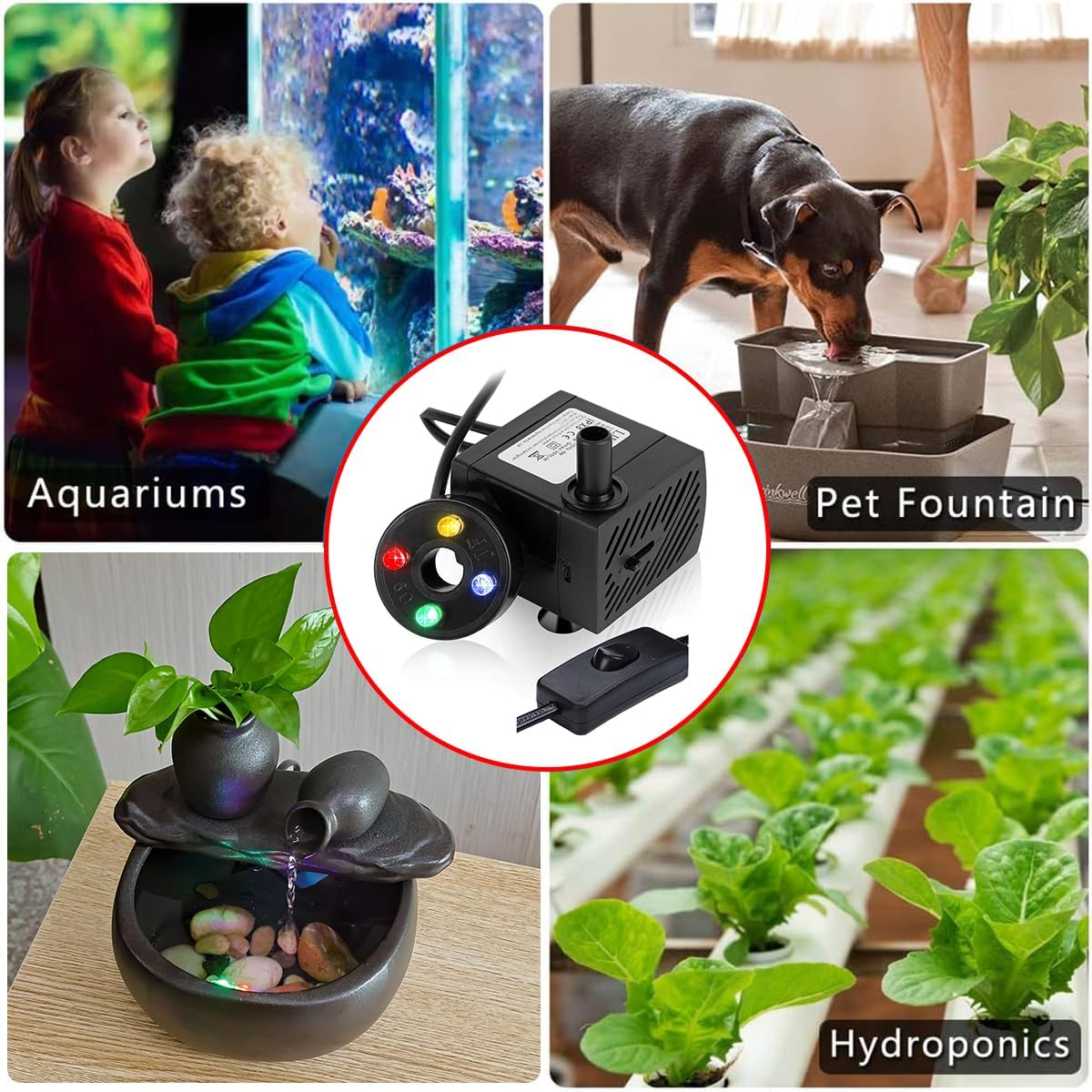 Mini Fountain Pump with LED Lights and Switch