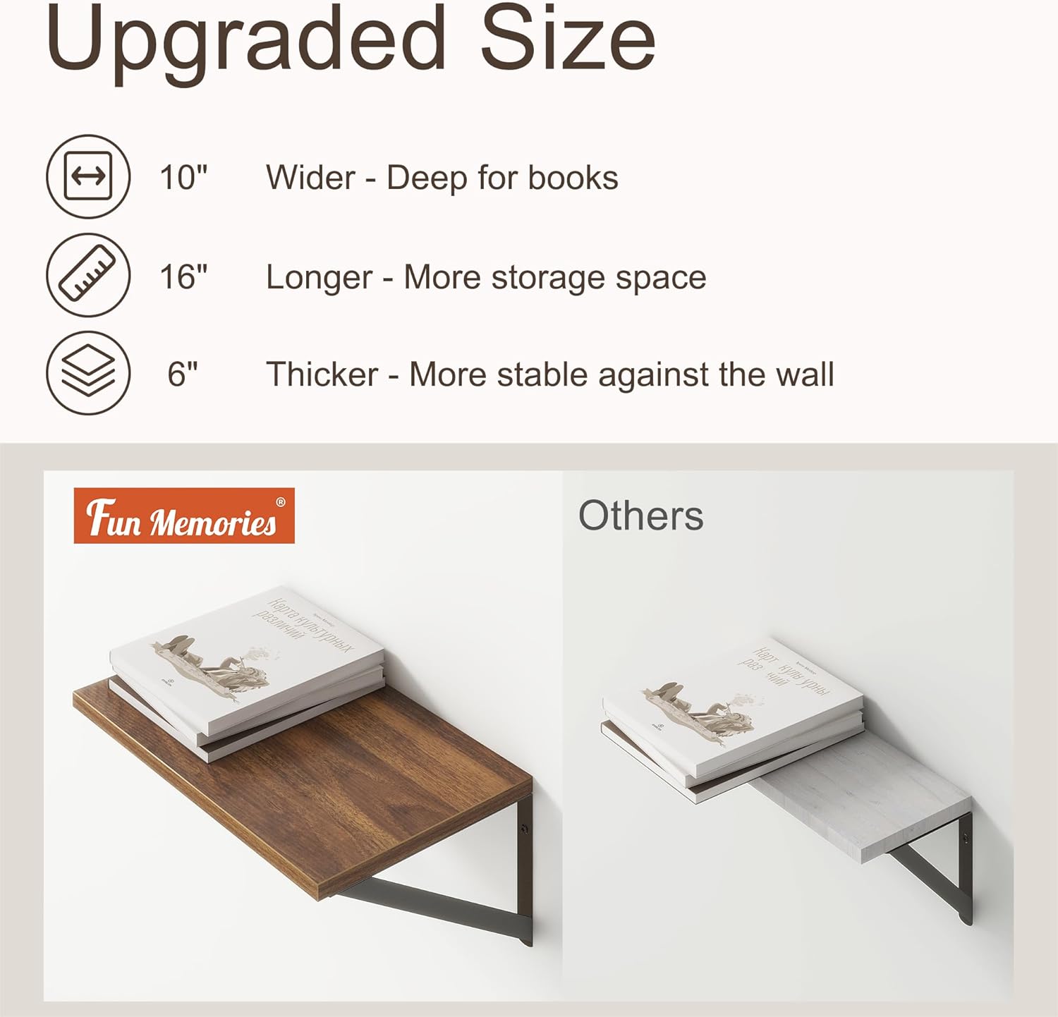 Fun Memories 2 Piece 16x10 Inch Walnut Floating Shelves Set