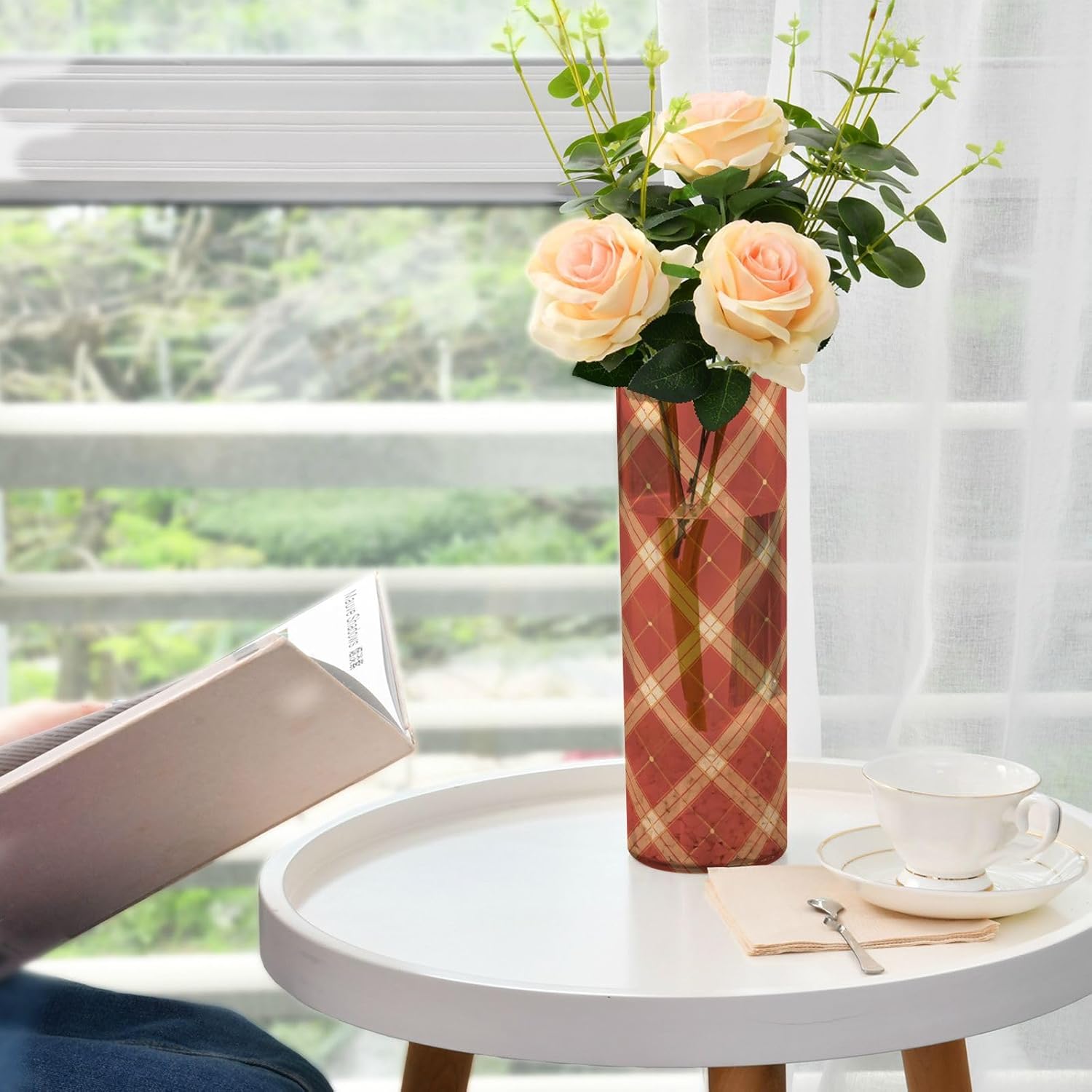 Chequer Pattern Red Gold Plastic Cylinder Vases for Flowers