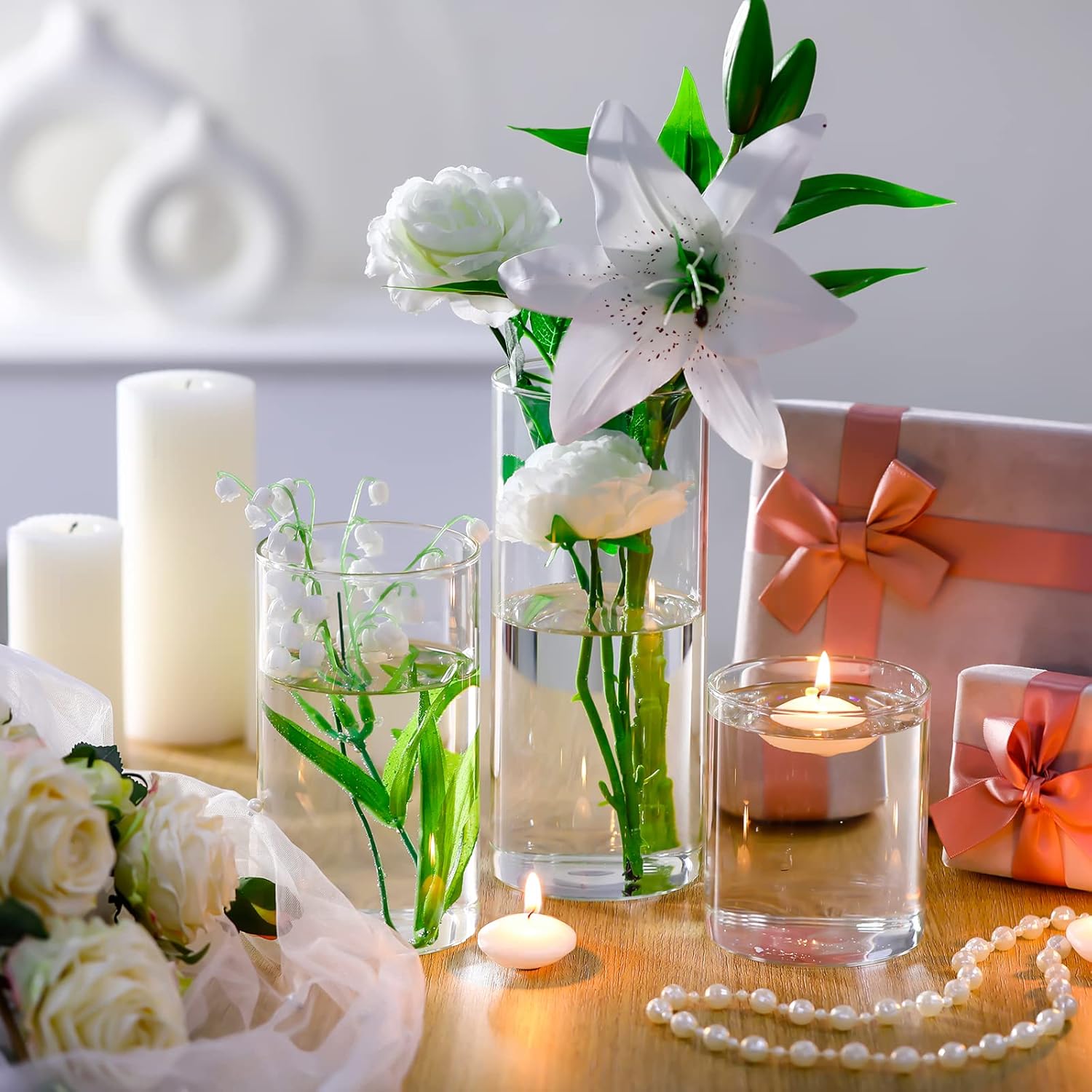 Jinei 12 Pack Glass Cylinder Vases with Floating Candles