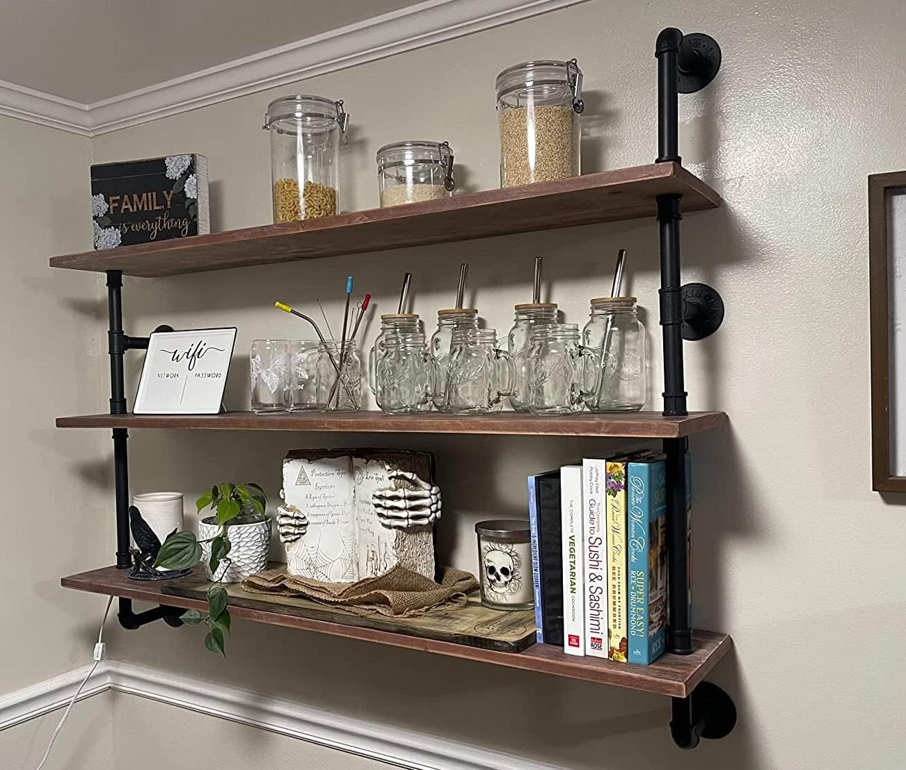 Industrial Pipe Floating Shelf 48 Inch Rustic Wood