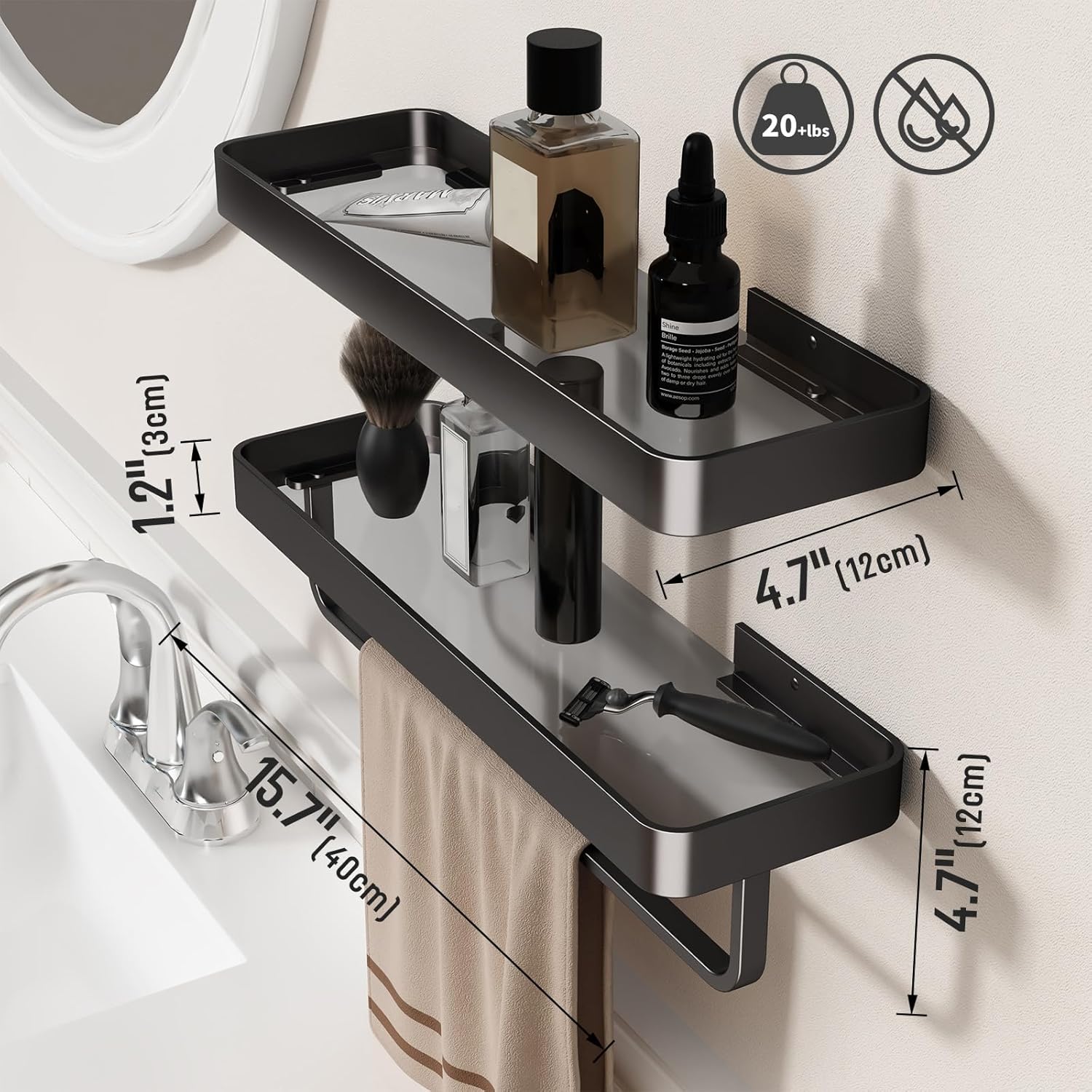 Danpoo 16 Inch Black Floating Bathroom Shelves with Towel Bar 2 Pack