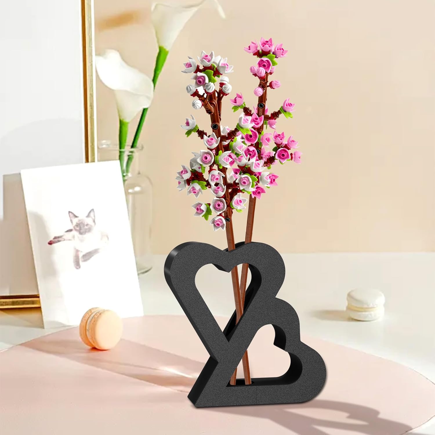 Double Heart Vase for LEGO Flower Building Sets - Black