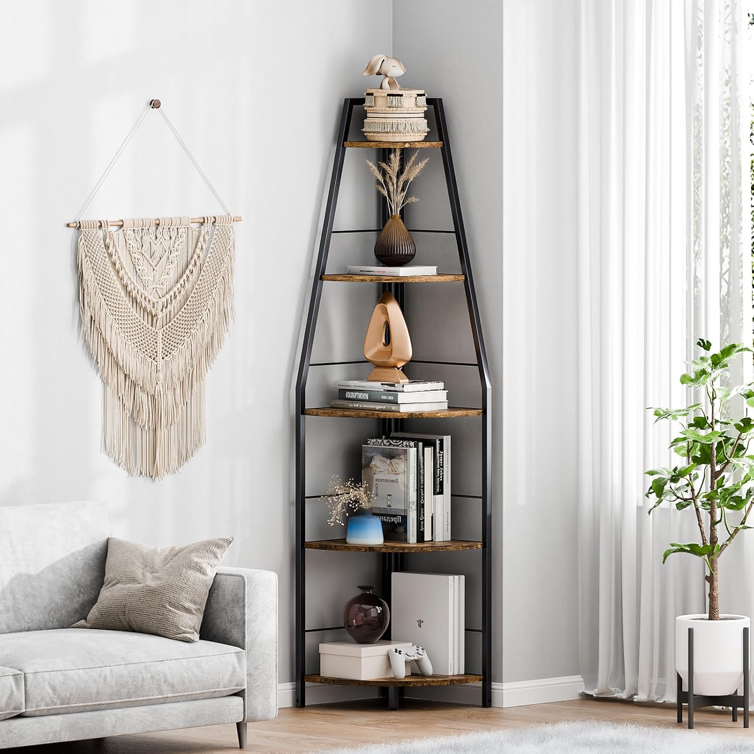 Rustic Brown 5 Tier Corner Ladder Shelf Stand