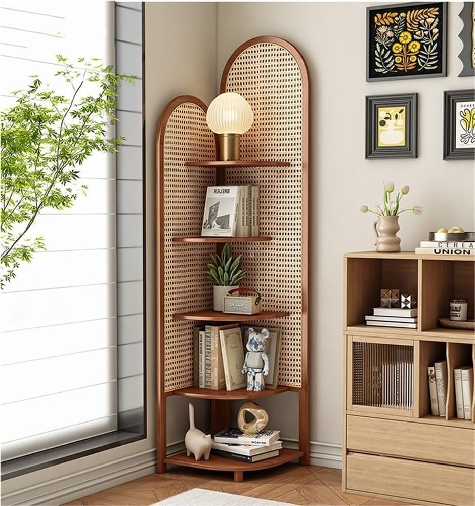 Miusocal Rattan Corner Bookshelf 5 Tier Storage