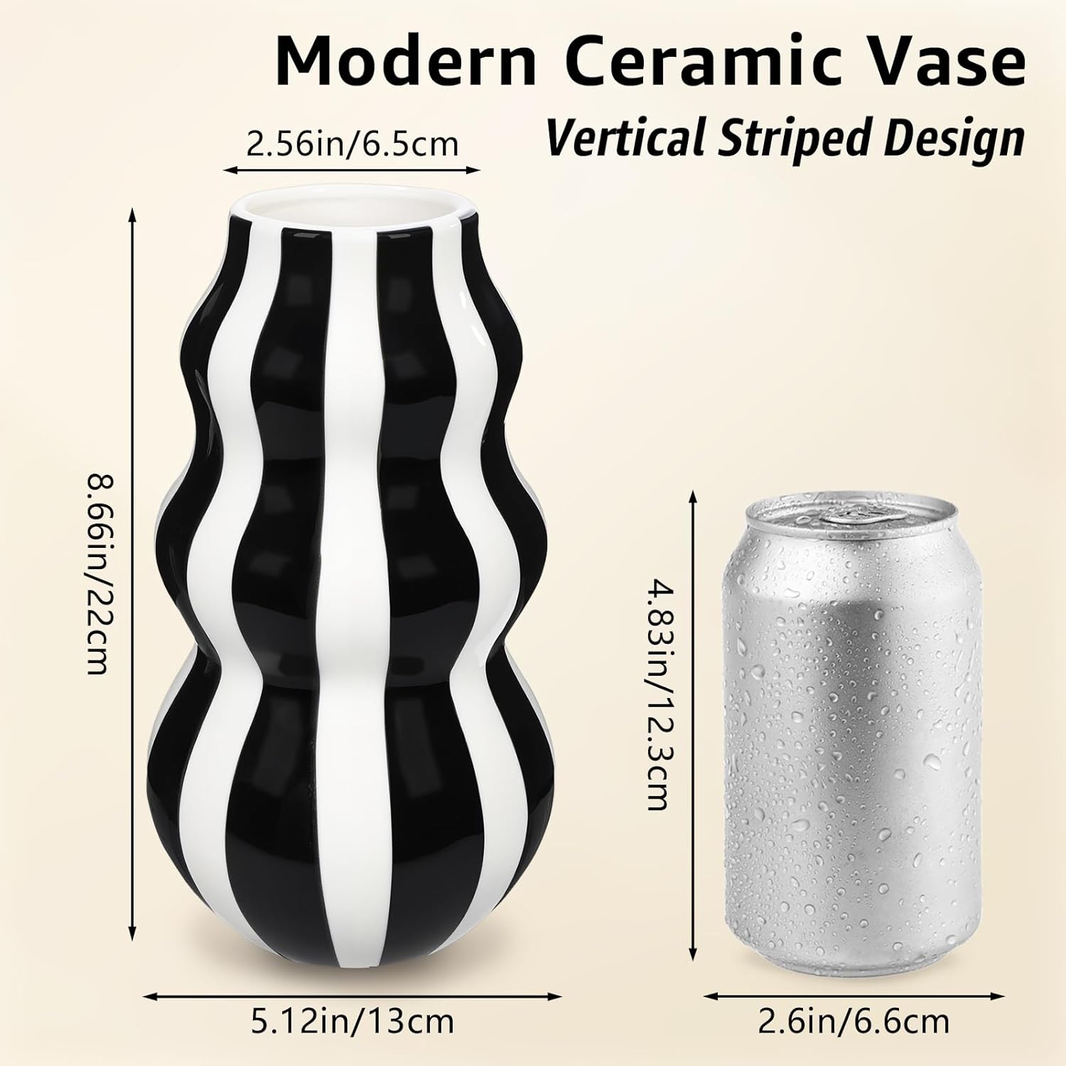 Daslich Black and White Ceramic Vase 866 in Tall Modern Striped Centerpiece
