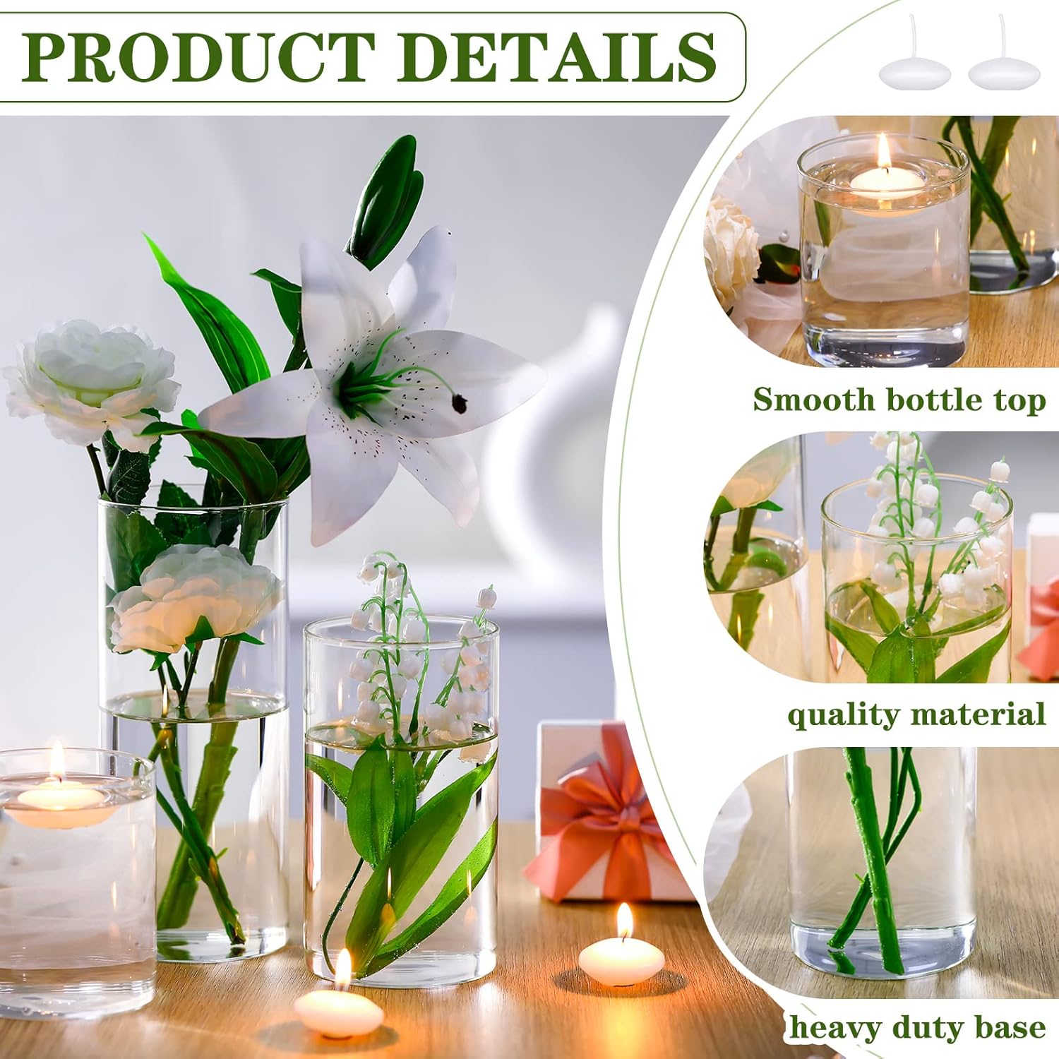 Jinei 12 Pack Glass Cylinder Vases with Floating Candles