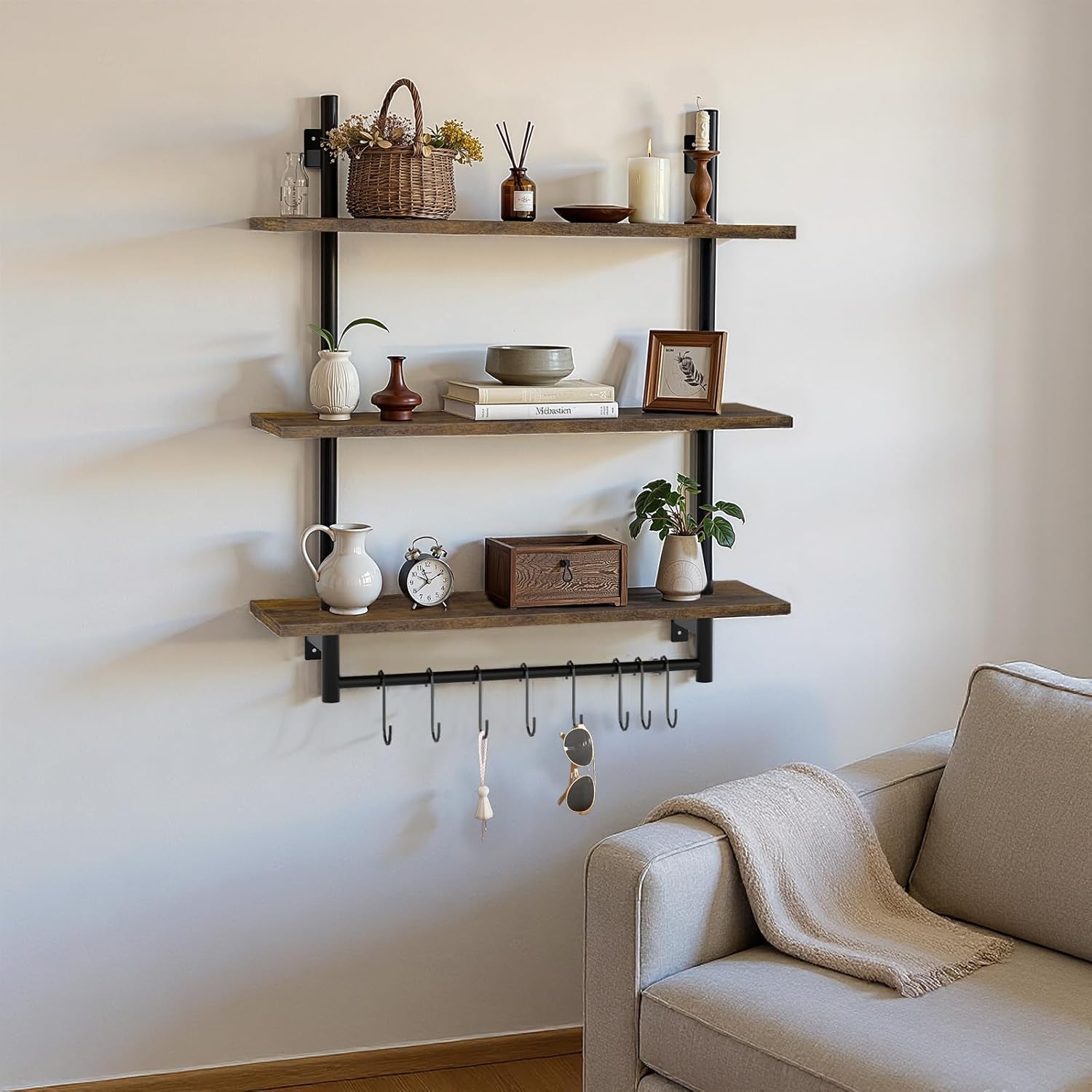 Industrial Pipe 3-Tier Wall Shelves with Towel Bar