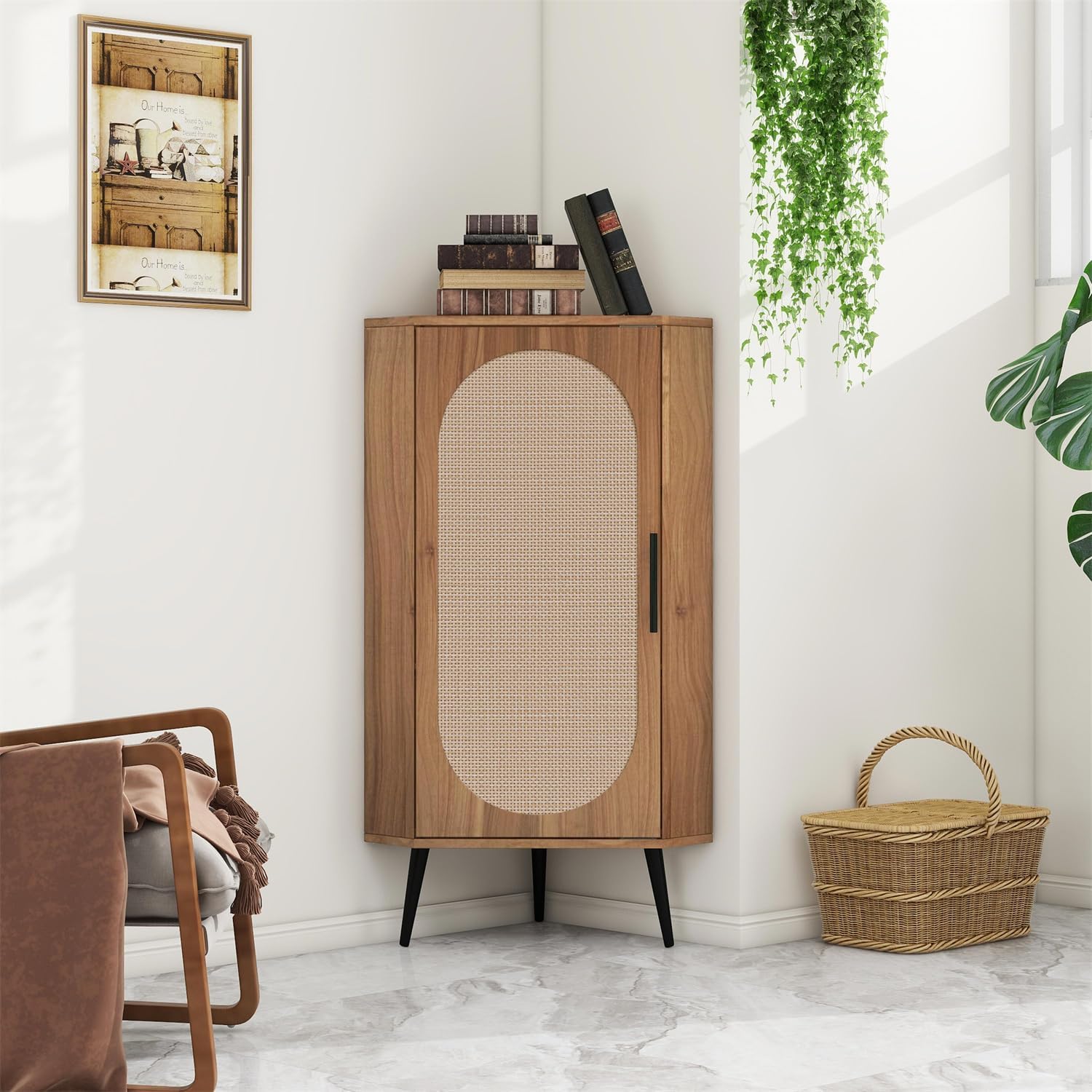 ZeHuoGe Corner Storage Cabinet with Rattan Door
