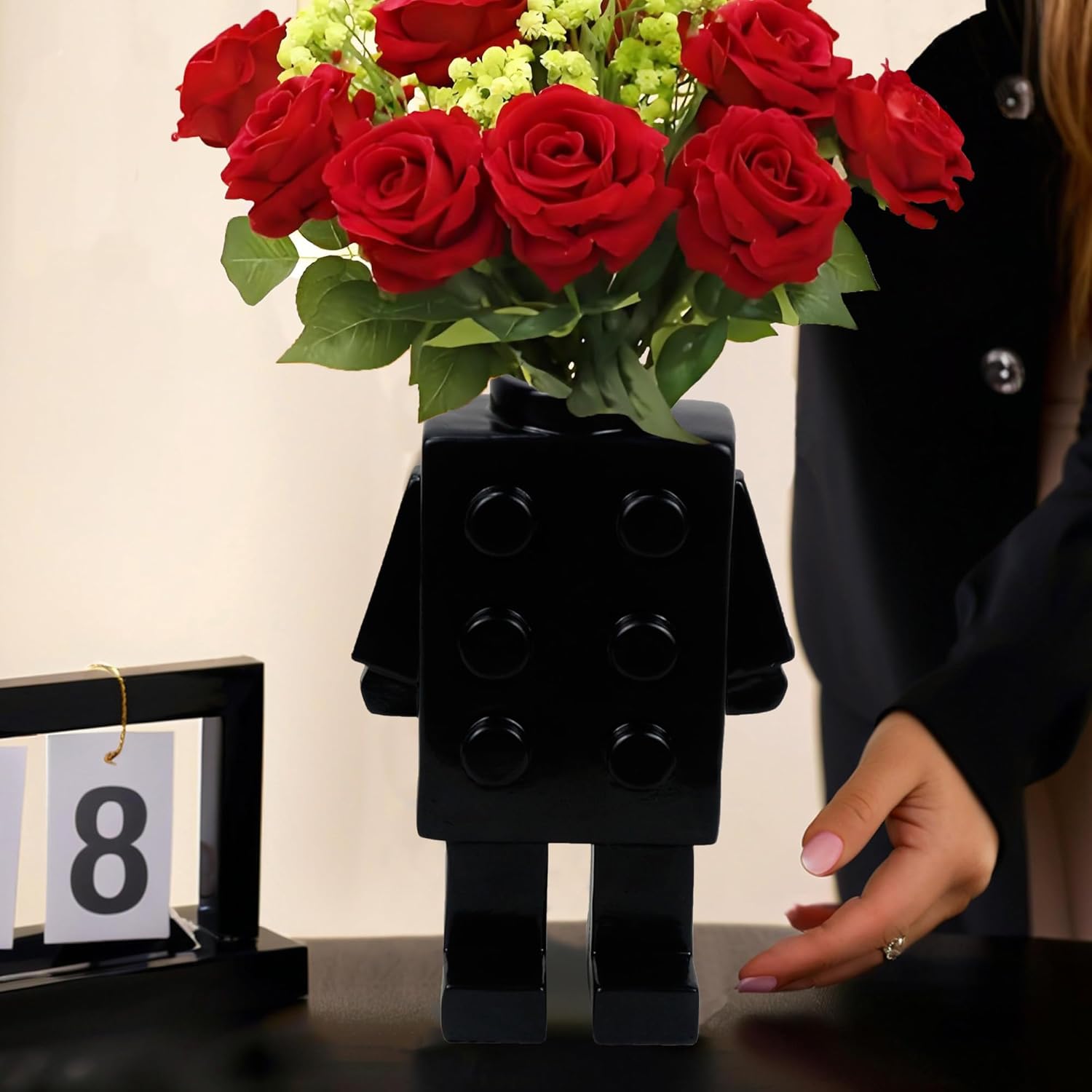 Cute Resin Building Block Vase Black Unique Decor