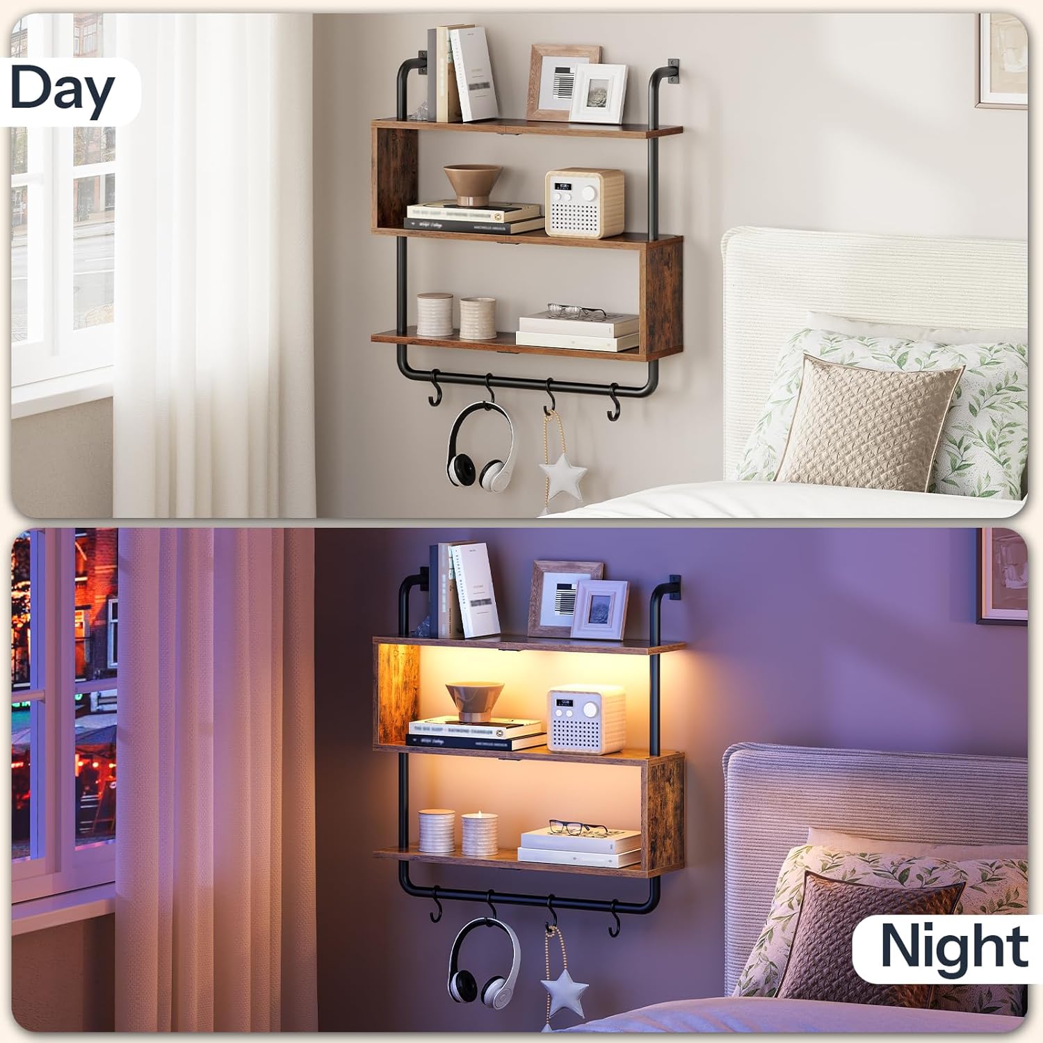 HOOBRO Floating Shelves with LED Lights 3-Tier Wall Mounted Display Rack
