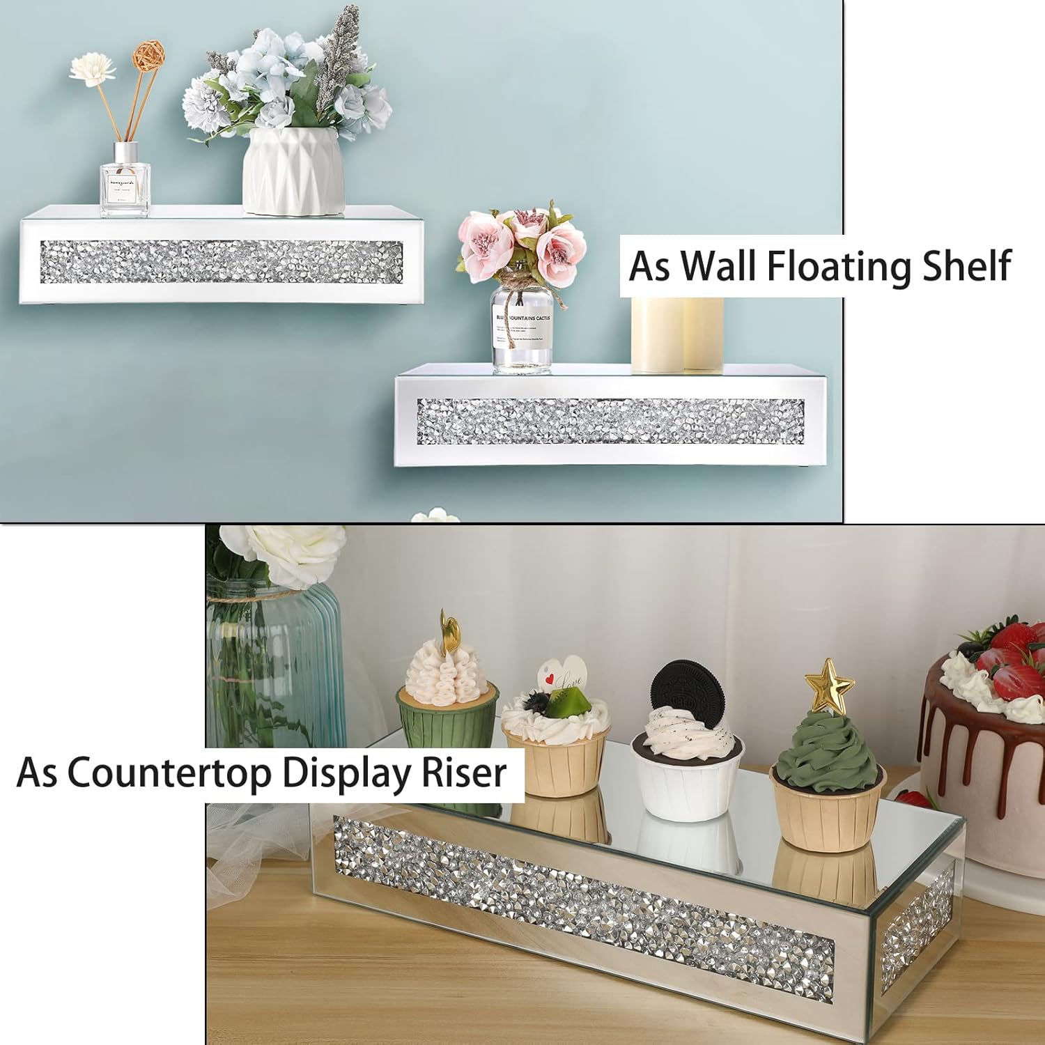 JUXYES Diamond Wall Floating Shelf Sparkle Glass Display Stand