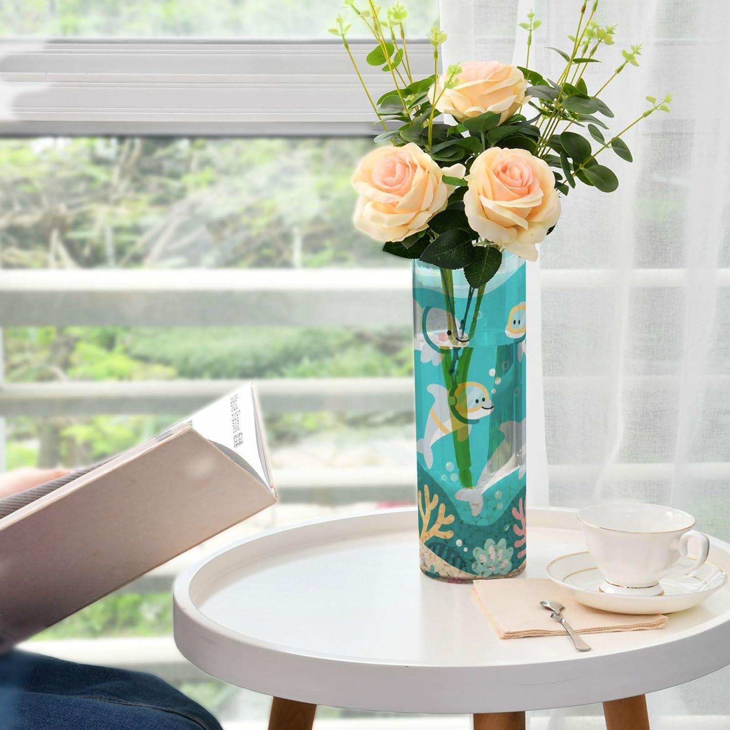 Cartoon Dolphin Diving Green Plastic Cylinder Vase 118x39 Inch Decorative