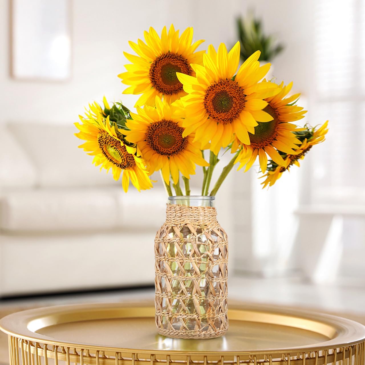 Angoily Glass Flower Vase with Rattan Woven Design