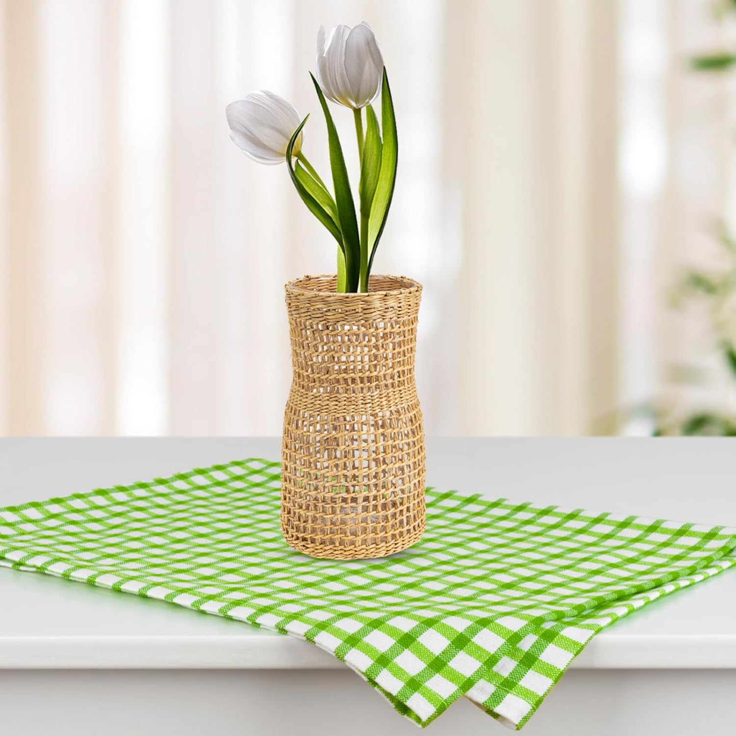 PRETYZOOM Rattan Woven Glass Flower Vase for Home Decor
