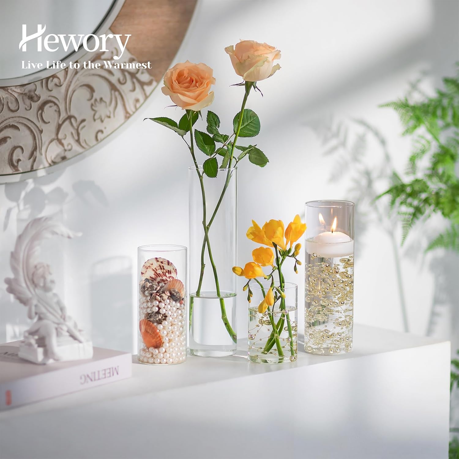 Hewory Clear Glass Cylinder Vases Set of 12 with Pearl String