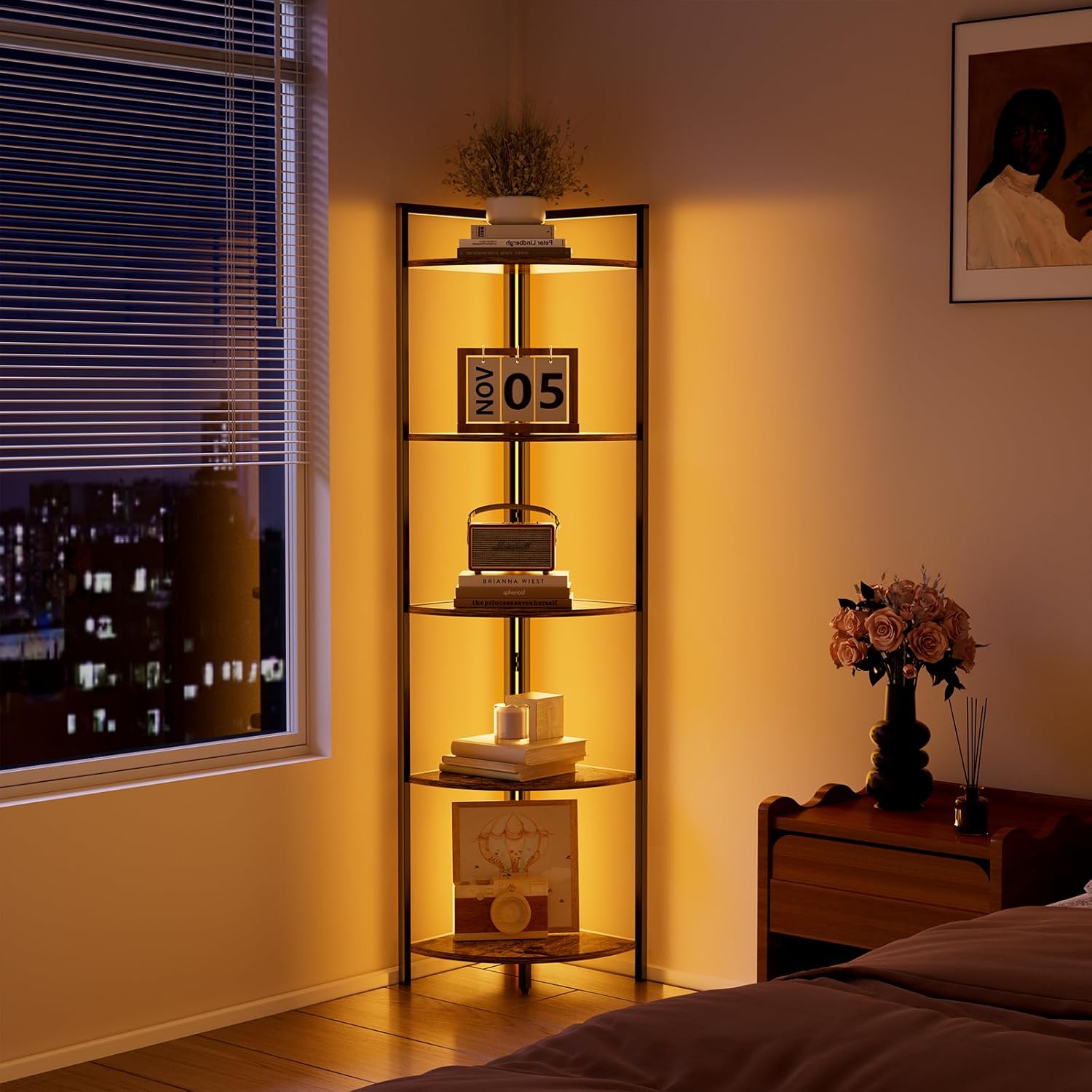 Gemfurque Rustic Brown 5 Tier Corner Shelf with LED Light