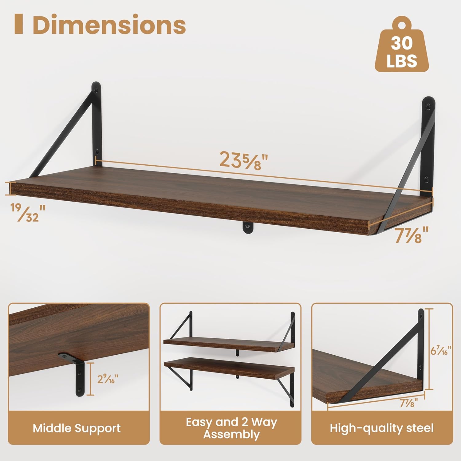 Set of 3 Floating Shelves 24 Inches Deep Walnut